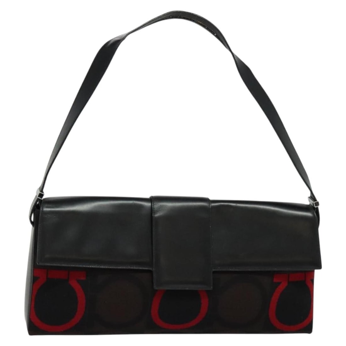 Salvatore Ferragamo Gancini Black Canvas Shoulder Bag with Silver Accents: Salvatore Ferragamo Gancini Black Canvas Shoulder Bag with Silver Accents This Salvatore Ferragamo Gancini shoulder bag features a black and silver canvas exterior with leather accents. Designed for w