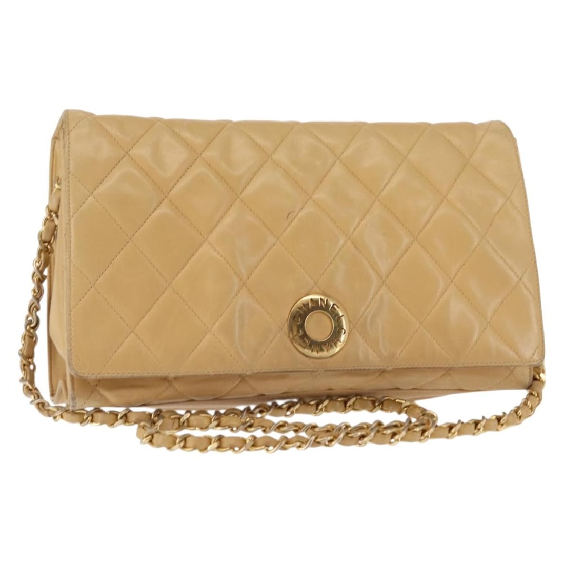CHANEL Matelasse Lambskin Shoulder Bag Beige Gold CC Italy: CHANEL Matelasse Lambskin Shoulder Bag Beige Gold CC Italy This CHANEL Matelasse Chain Shoulder Bag is crafted from luxurious lamb skin in a sophisticated beige and gold combination. The bag features