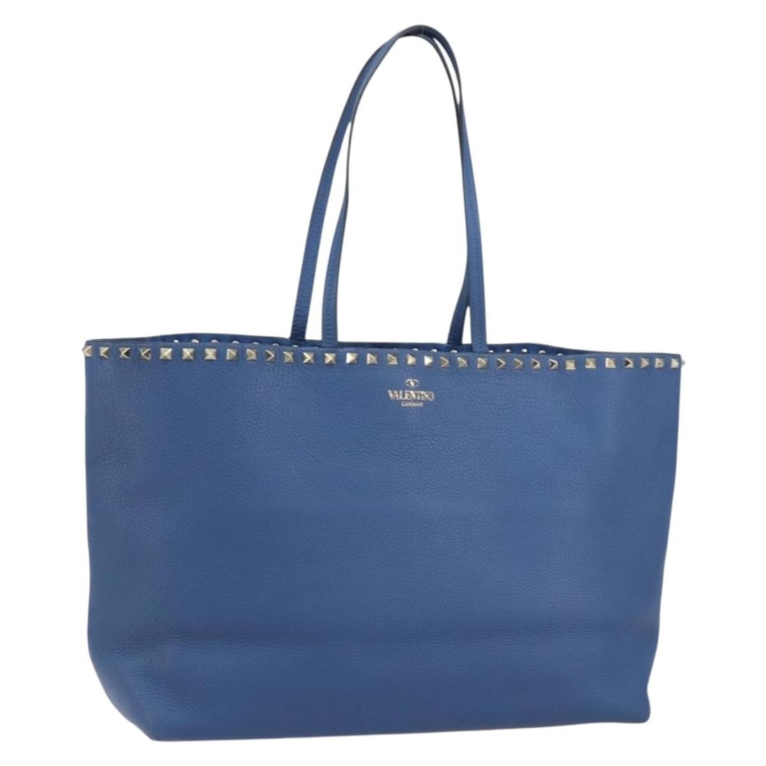 VALENTINO Blue Silver Studs Leather Tote Bag Authentic BA8693: VALENTINO Blue Silver Studs Leather Tote Bag Authentic BA8693 This authentic VALENTINO tote bag is a stylish accessory crafted from high-quality leather in a striking blue and silver color combination