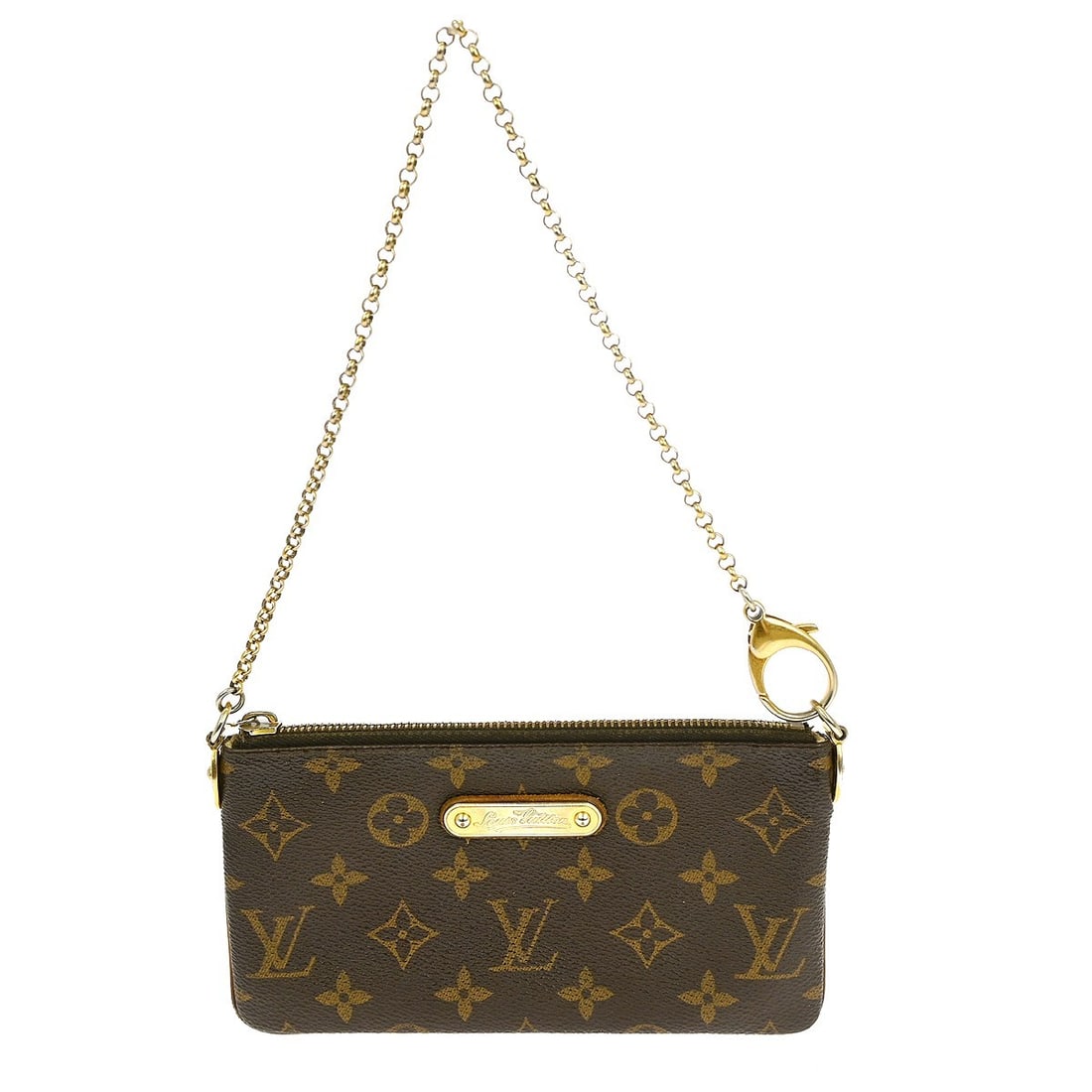 Louis Vuitton Pochette Milla MM Brown Monogram Canvas Mini Chain Strap Handbag: Louis Vuitton Pochette Milla MM Brown Monogram Canvas Mini Chain Strap Handbag The Louis Vuitton Monogram Pochette Milla MM handbag features a brown monogram canvas leather exterior, a top handle, and