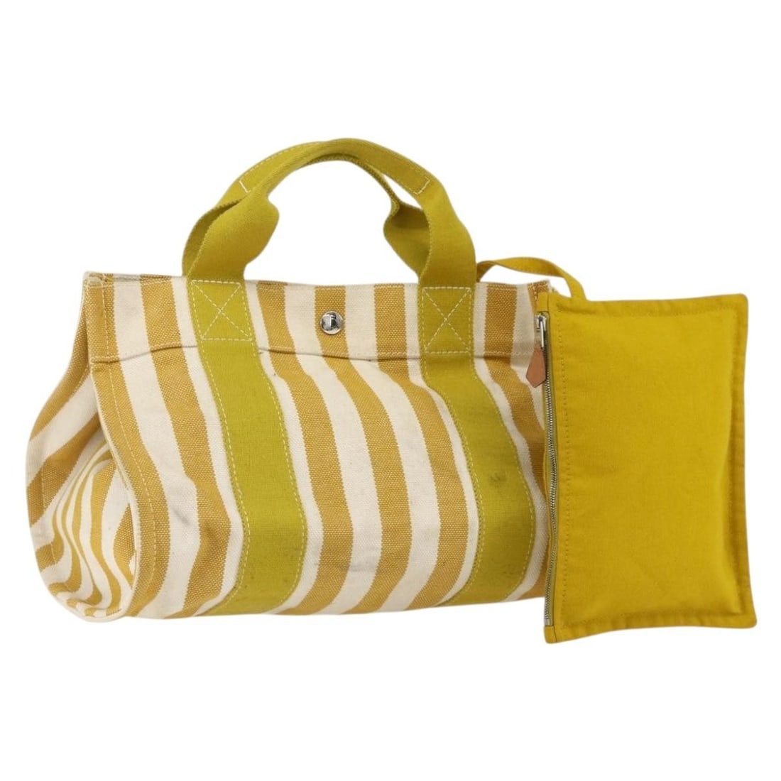 Canvas Hermes Cannes PM Tote Yellow Silver with Pouch: Canvas Hermes Cannes PM Tote Yellow Silver with Pouch This Hermes Cannes PM handbag features a canvas exterior in yellow and silver tones. It includes a matching pouch accessory. The bag was made in F