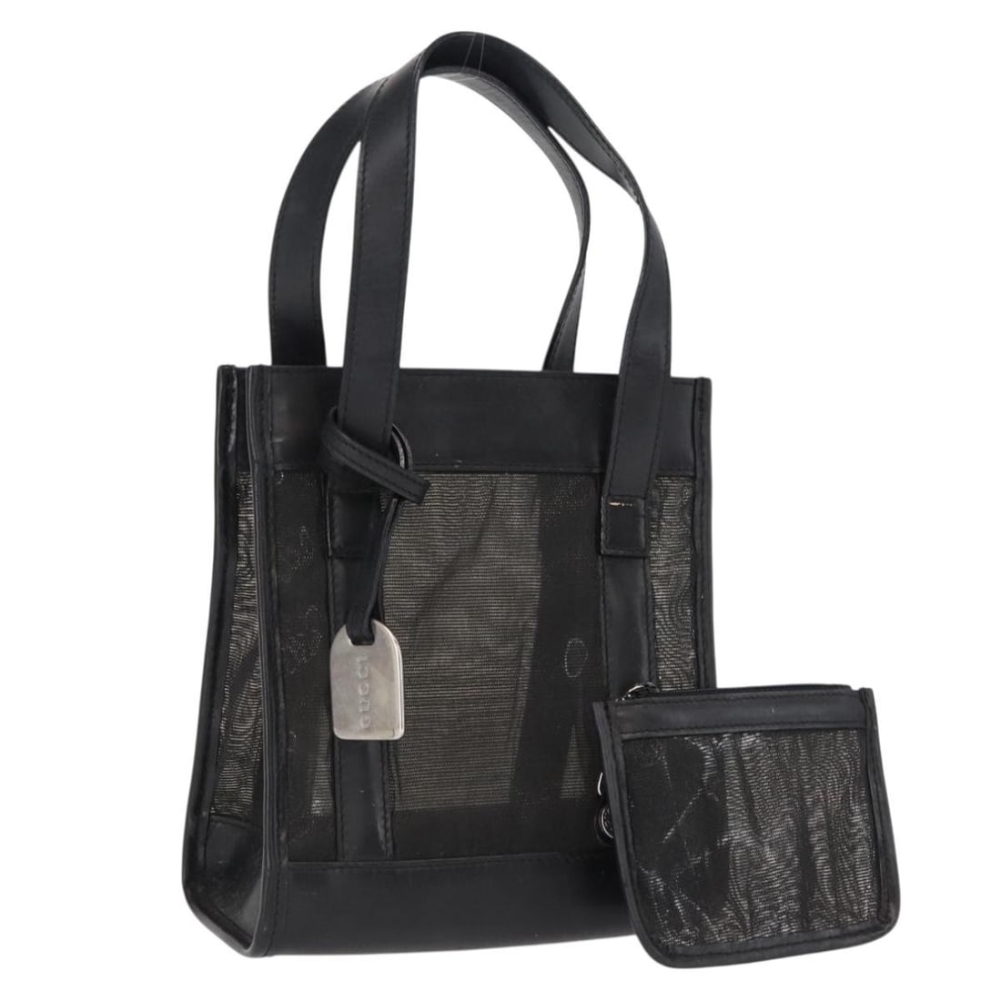 Black Nylon Leather Gucci 000 2058 0500 Mesh Handbag with Pouch: Black Nylon Leather Gucci 000 2058 0500 Mesh Handbag with Pouch This GUCCI hand bag features a black nylon exterior with leather accents and includes a matching pouch. It is designed with a top handle