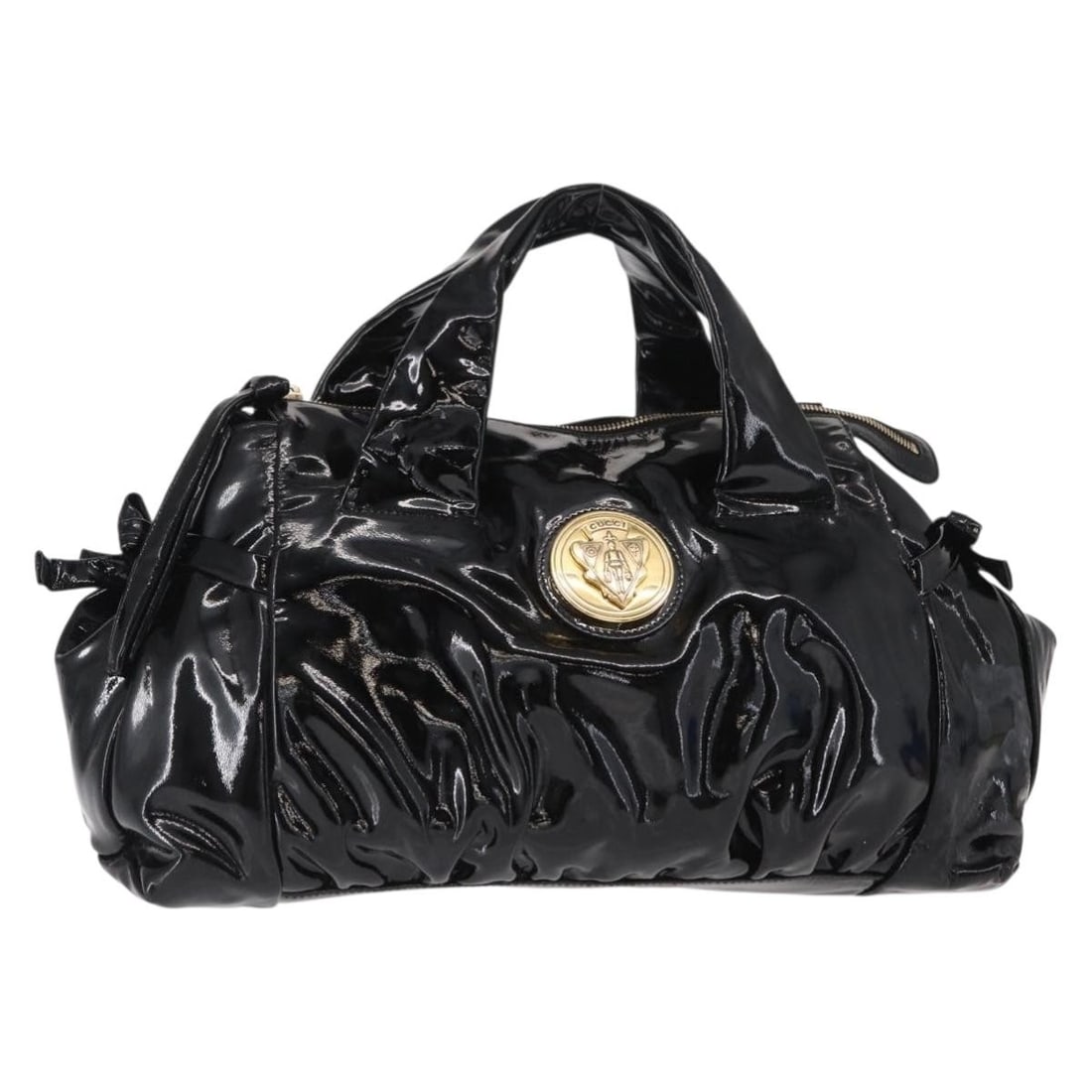 GUCCI Enamel Hand Bag Black Gold 197020 Auth Italy: GUCCI Enamel Hand Bag Black Gold 197020 Auth Italy This stylish GUCCI handbag features a sophisticated black and gold enamel exterior, making it an elegant accessory for any occasion. With dimensions