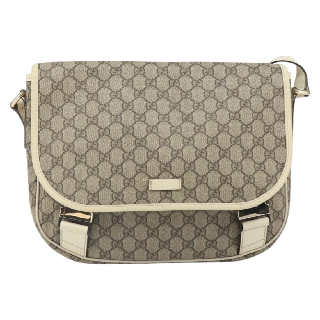 Gucci Double Buckle Messenger Bag Beige GG Canvas Leather 31x23x10cm: Gucci Double Buckle Messenger Bag Beige GG Canvas Leather 31x23x10cm This women's Gucci Double Buckle Flap Messenger Bag features GG coated canvas with leather trim in beige. The bag has a flap closur