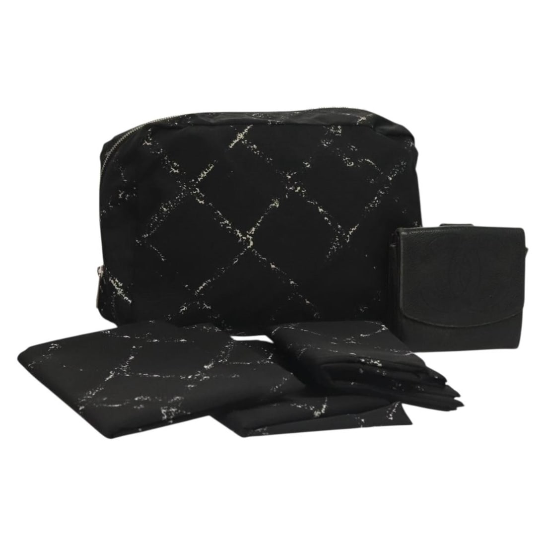 CHANEL Black Silver Nylon Grained Calfskin Pouch 2Set Auth (1 of 17)