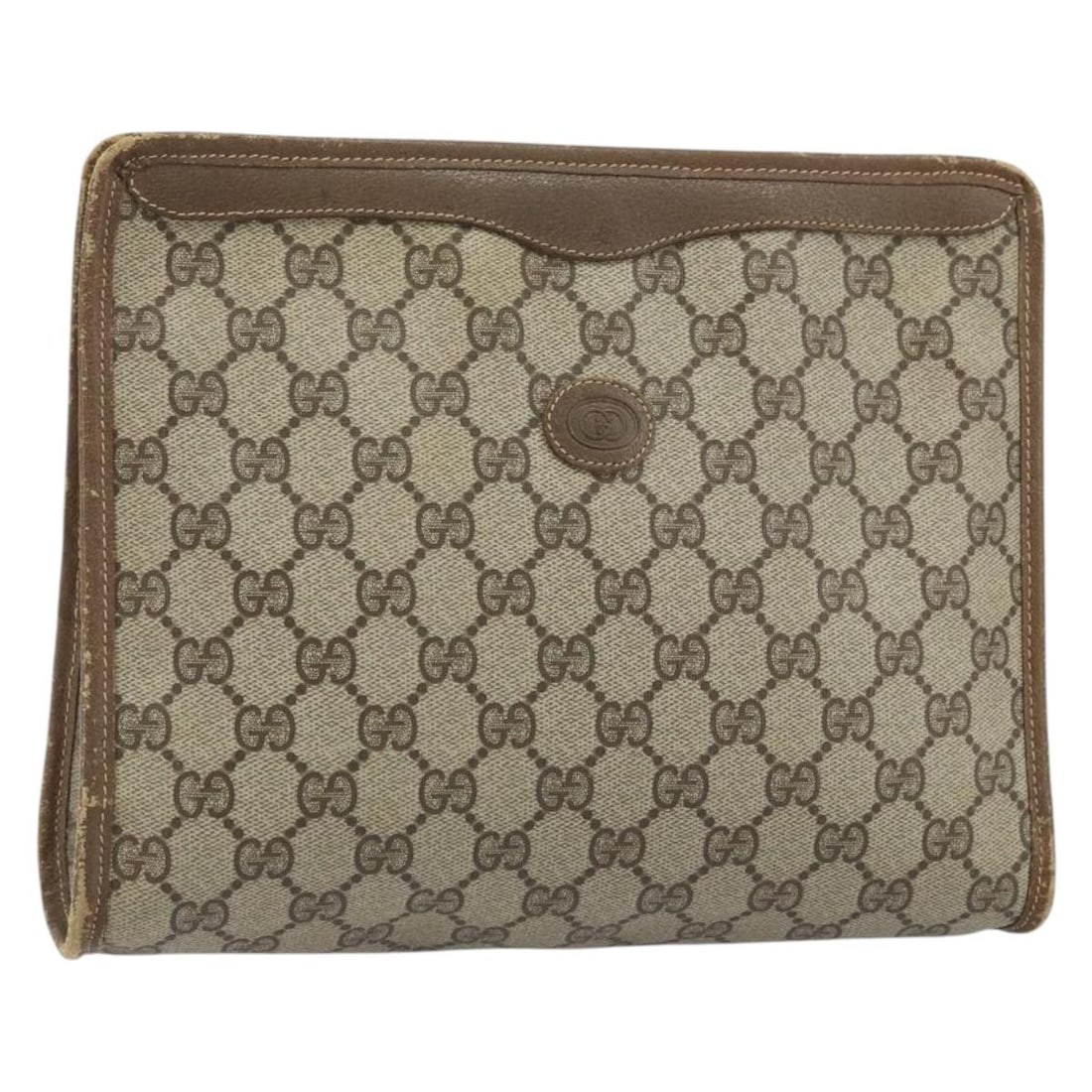 Beige Gold GG Supreme PVC Clutch by Gucci 97 01 038: Beige Gold GG Supreme PVC Clutch by Gucci 97 01 038 This is a Gucci GG Supreme clutch bag crafted from beige and gold PVC leather and GG canvas. Designed for women, this Italian-made clutch features a
