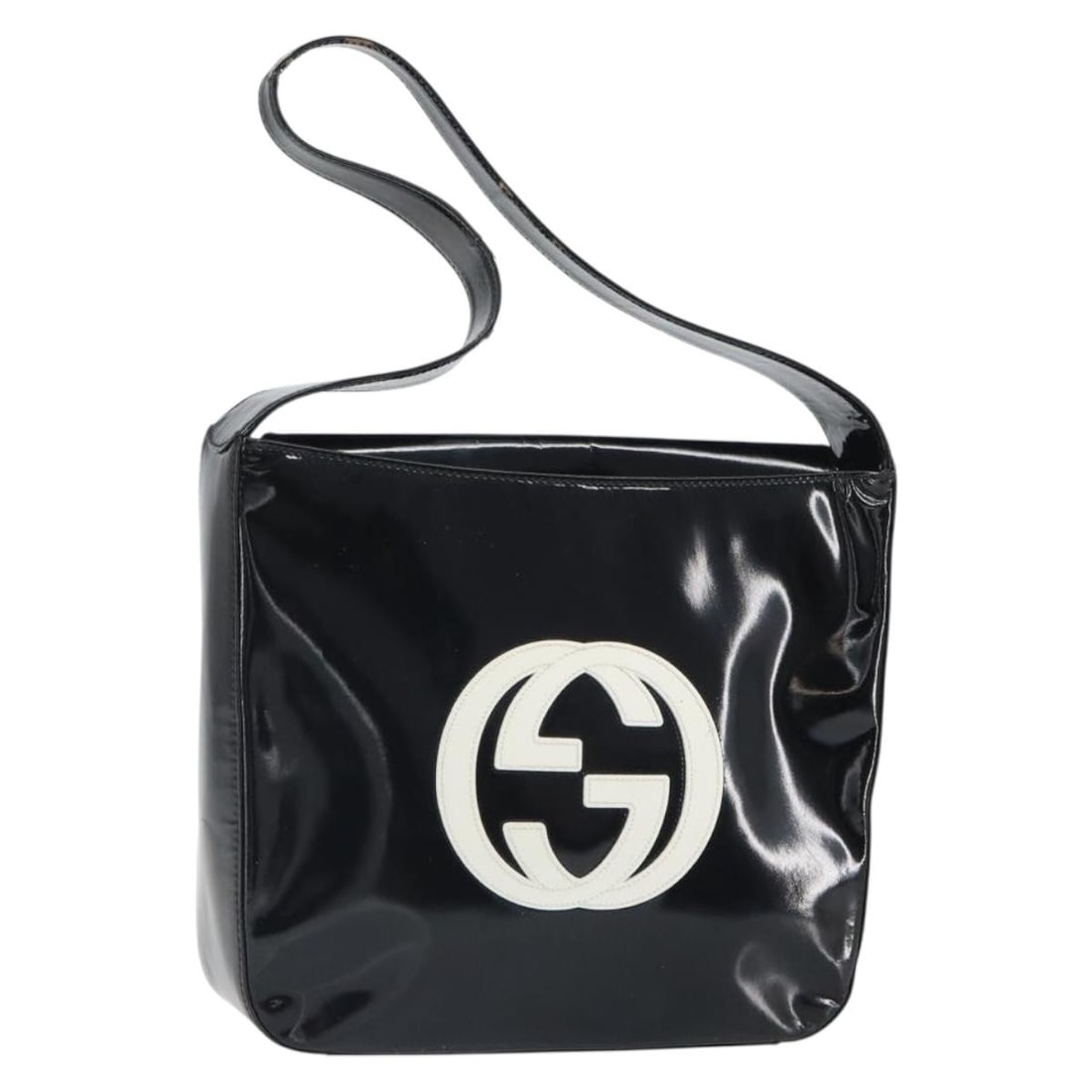 Black Patent Leather Gucci Shoulder Purse with Silver Tone Details: Black Patent Leather Gucci Shoulder Purse with Silver Tone Details This is a Gucci shoulder bag crafted from black patent leather with silver-tone details. The bag features a compact silhouette, a sin