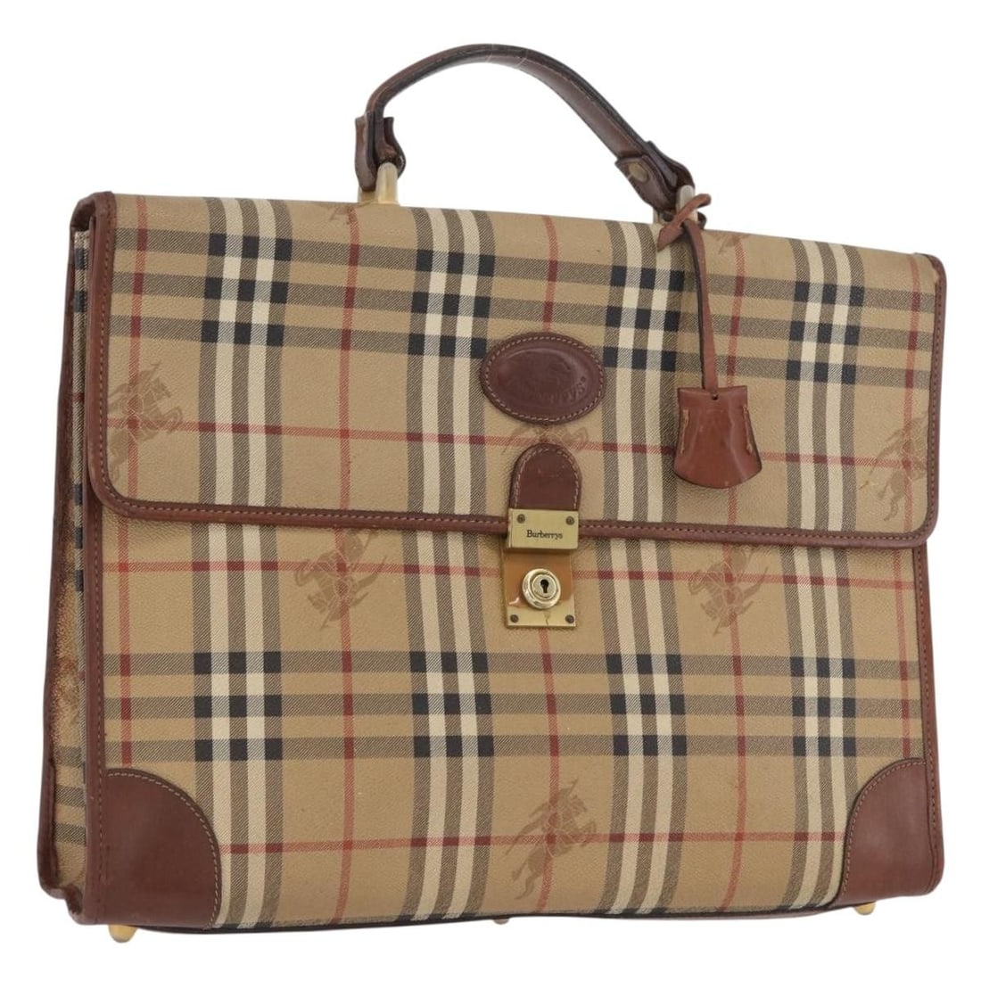 Burberrys Beige PVC Nova Check Women's Handbag with Clochette and Key: Burberrys Beige PVC Nova Check Women's Handbag with Clochette and Key This Burberrys Nova Check handbag features a classic beige and gold color scheme with the iconic Nova Check pattern. Crafted from