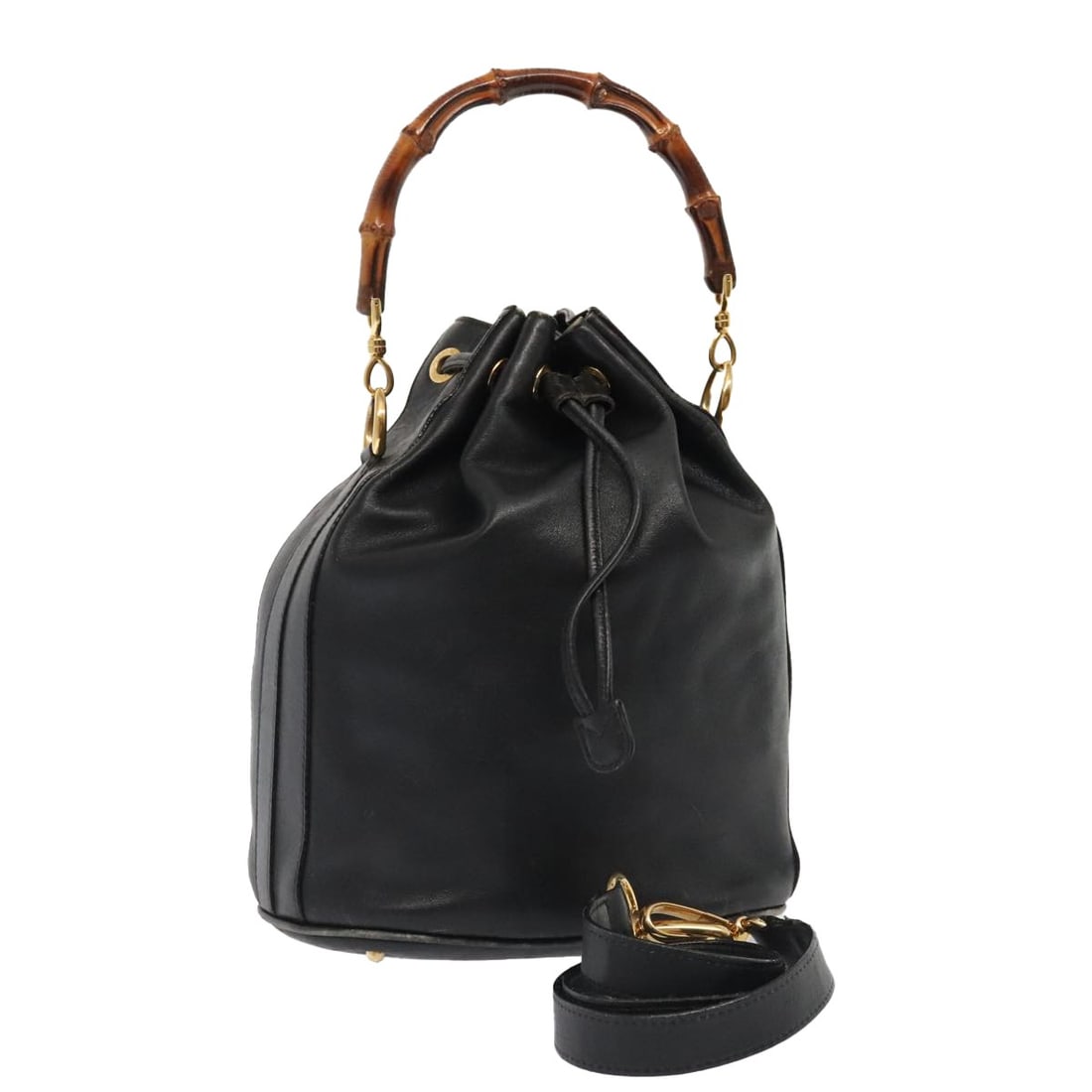 Gucci Black Leather Bamboo Two-Way Shoulder Bag with Gold Accents 001 2865 1657: Gucci Black Leather Bamboo Two-Way Shoulder Bag with Gold Accents 001 2865 1657 This GUCCI Bamboo Shoulder Bag is crafted from black leather with gold-tone accents and features a versatile 2-way desig