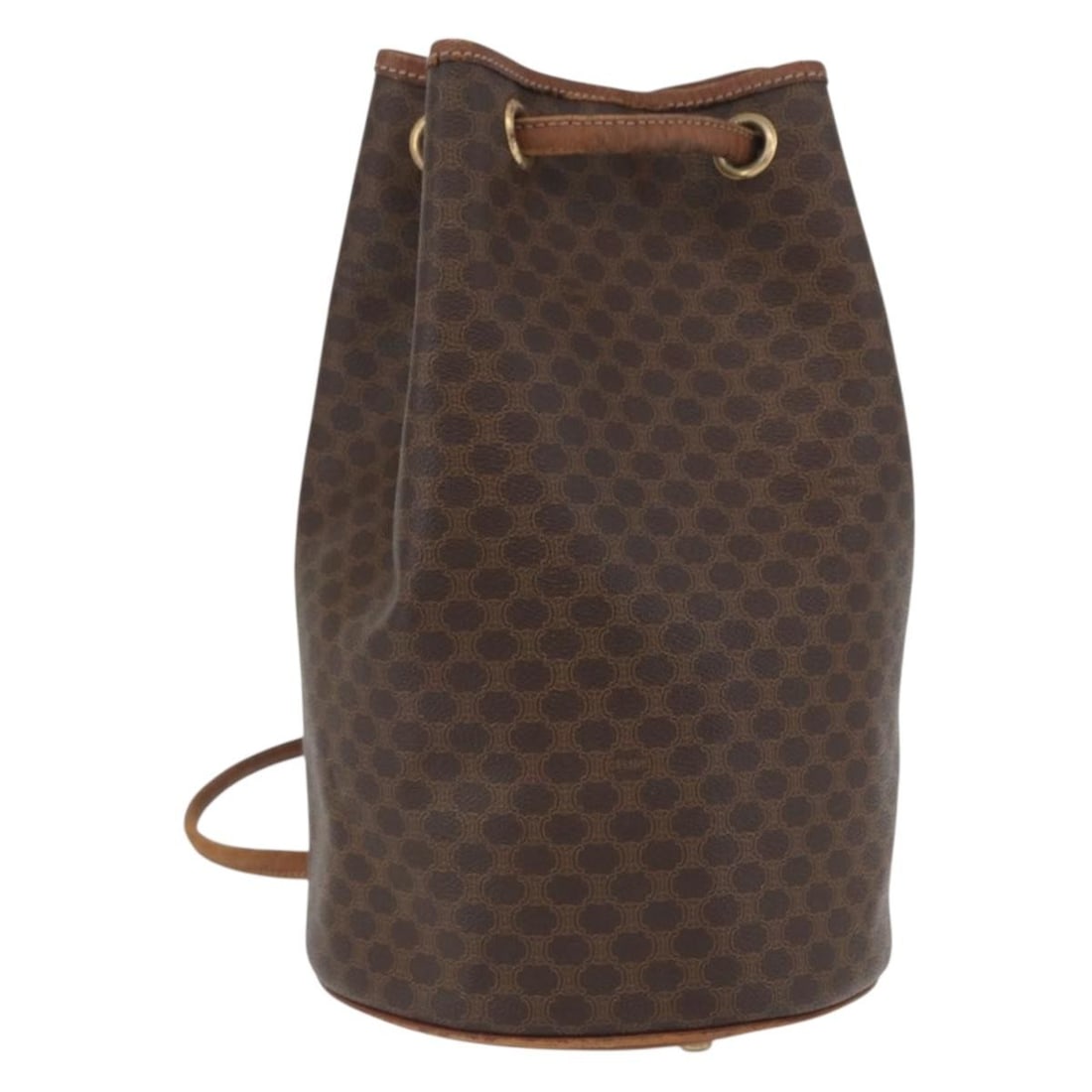 Celine Macadam Brown PVC Leather Gold Tone Shoulder Bag for Women: Celine Macadam Brown PVC Leather Gold Tone Shoulder Bag for Women This CELINE Macadam shoulder bag is crafted from brown and gold PVC leather with the iconic Macadam canvas pattern. Designed for women