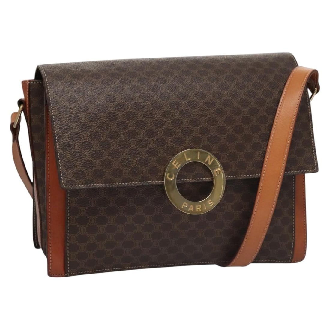 Celine Macadam Brown PVC Leather Shoulder Bag from Italy: Celine Macadam Brown PVC Leather Shoulder Bag from Italy This Celine Macadam shoulder bag features a brown PVC leather and Macadam canvas exterior, designed for women. Made in Italy, the bag offers a