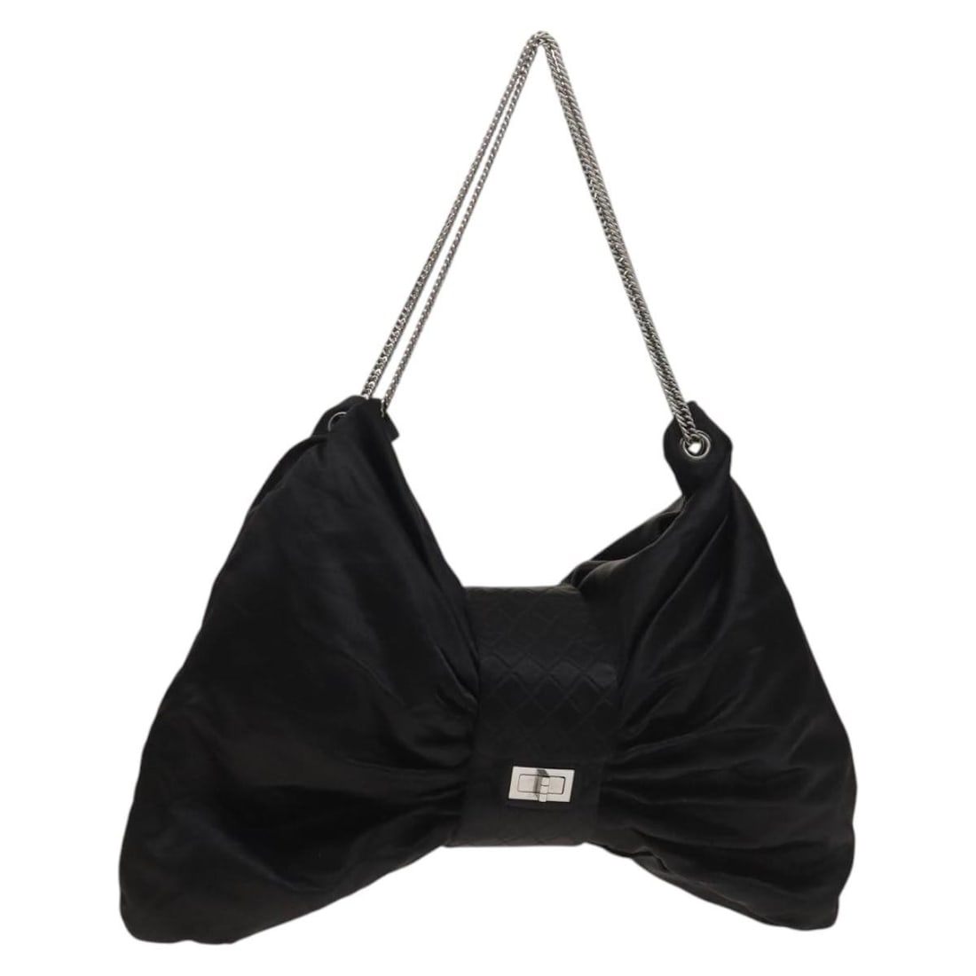 CHANEL 2.55 Ribbon Shoulder Bag Black Silver Satin Auth Italy: CHANEL 2.55 Ribbon Shoulder Bag Black Silver Satin Auth Italy This exquisite CHANEL 2.55 Ribbon Shoulder Bag showcases a stunning blend of satin in a chic black and silver color scheme. Crafted in Ita