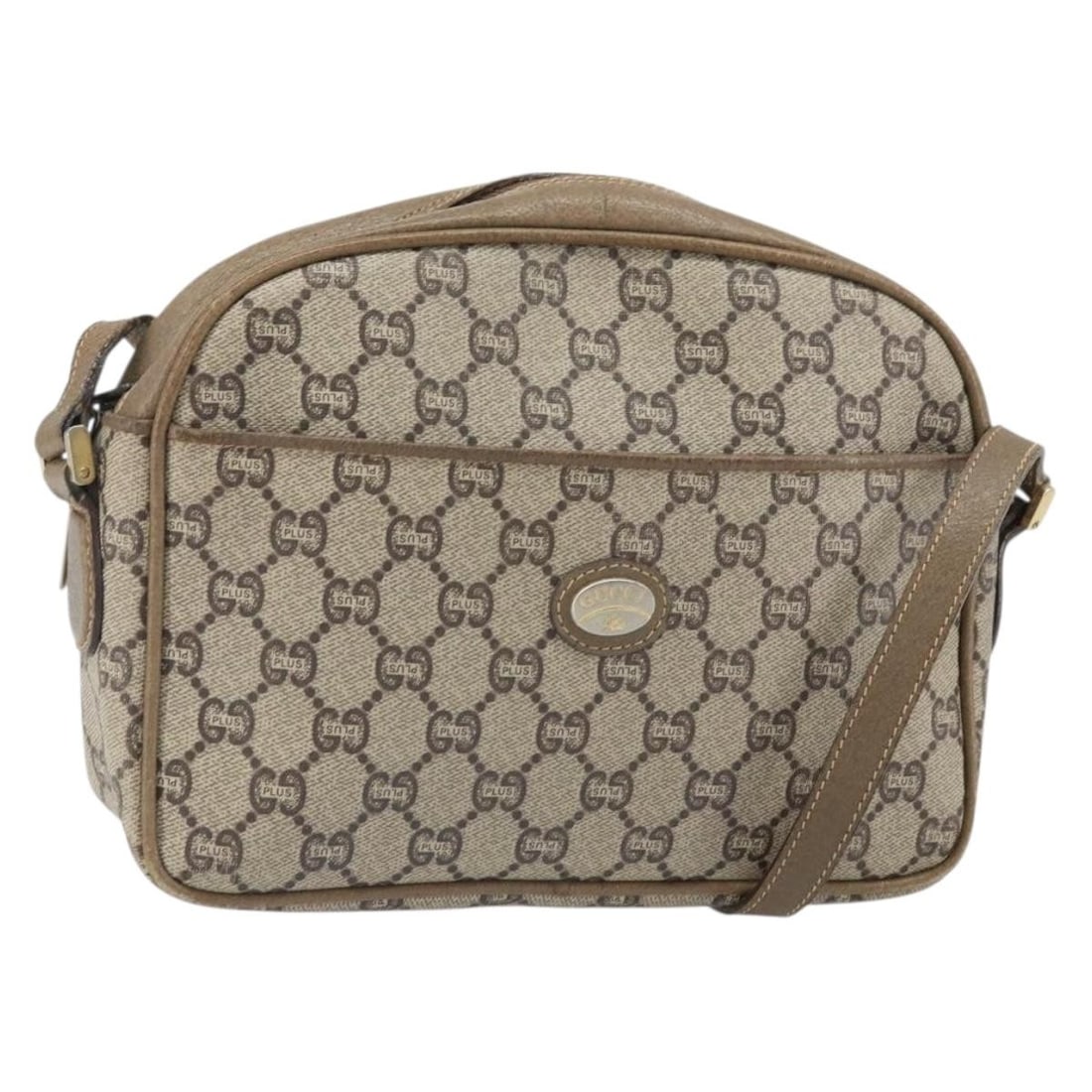 Beige and Gold GG Supreme PVC Shoulder Purse by Gucci: Beige and Gold GG Supreme PVC Shoulder Purse by Gucci This authentic Gucci GG Plus Supreme shoulder bag features a beige and gold color scheme with PVC leather and GG canvas exterior. The bag has a co