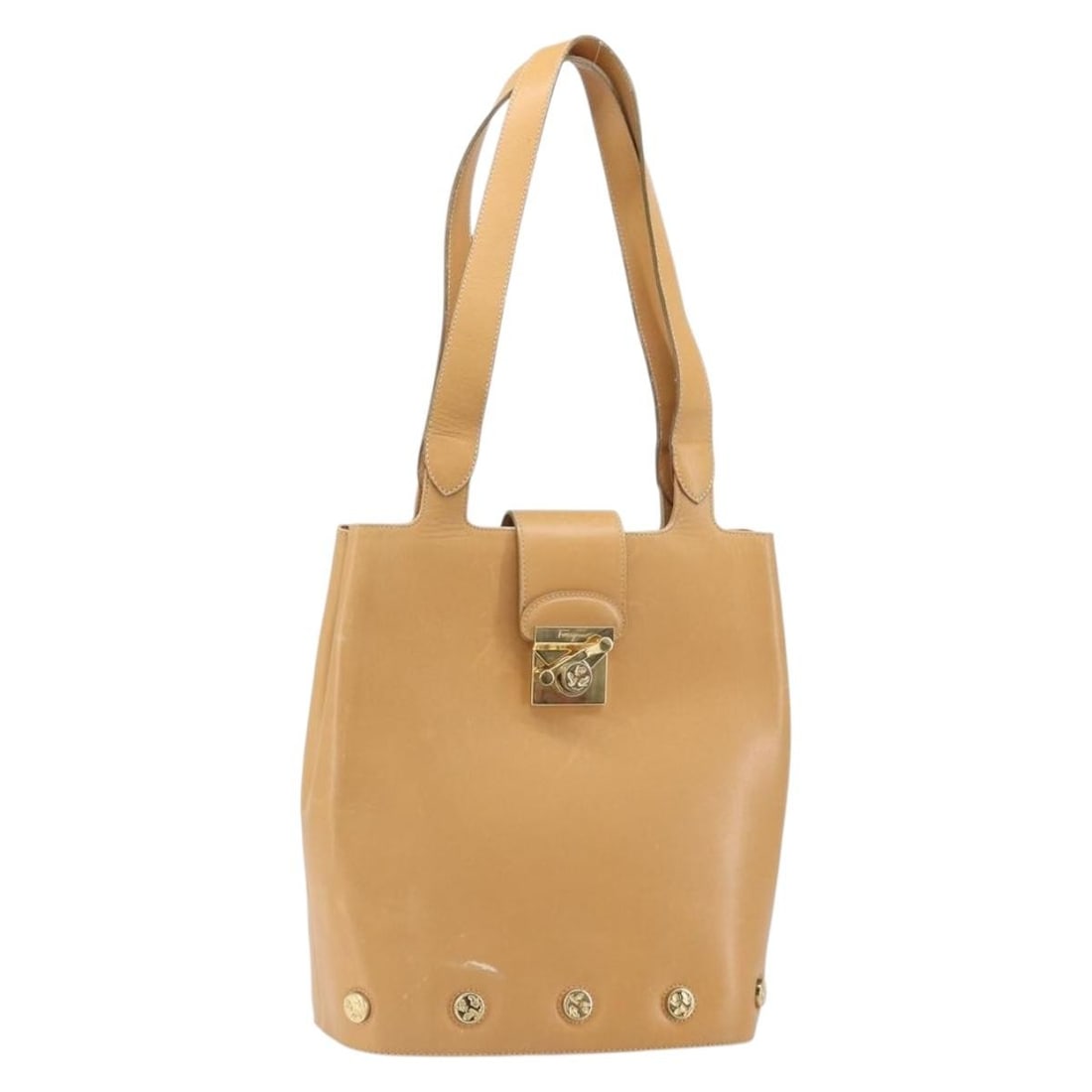 Beige Leather Salvatore Ferragamo Women's Handbag Gold Tone Hardware Italy: Beige Leather Salvatore Ferragamo Women's Handbag Gold Tone Hardware Italy This Salvatore Ferragamo handbag is crafted from beige leather with gold-tone accents, designed for women. The bag features a