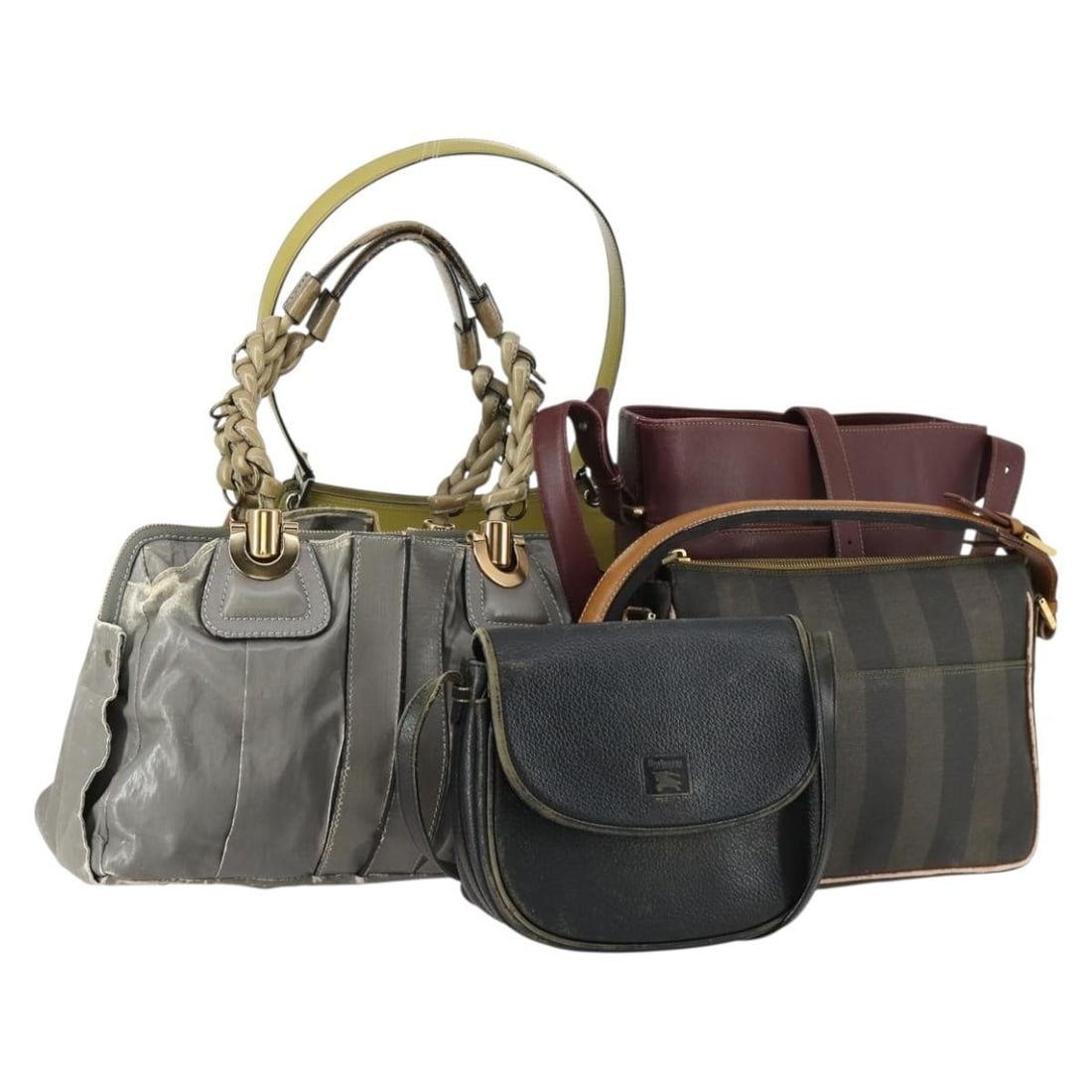 Set of 5 Black Leather Shoulder Bags Burberrys Chloe Cartier Fendi BALLY: Set of 5 Black Leather Shoulder Bags Burberrys Chloe Cartier Fendi BALLY This is a set of five authentic designer shoulder bags, including brands such as Burberrys, Chloe, Cartier, Fendi, and Bally. E