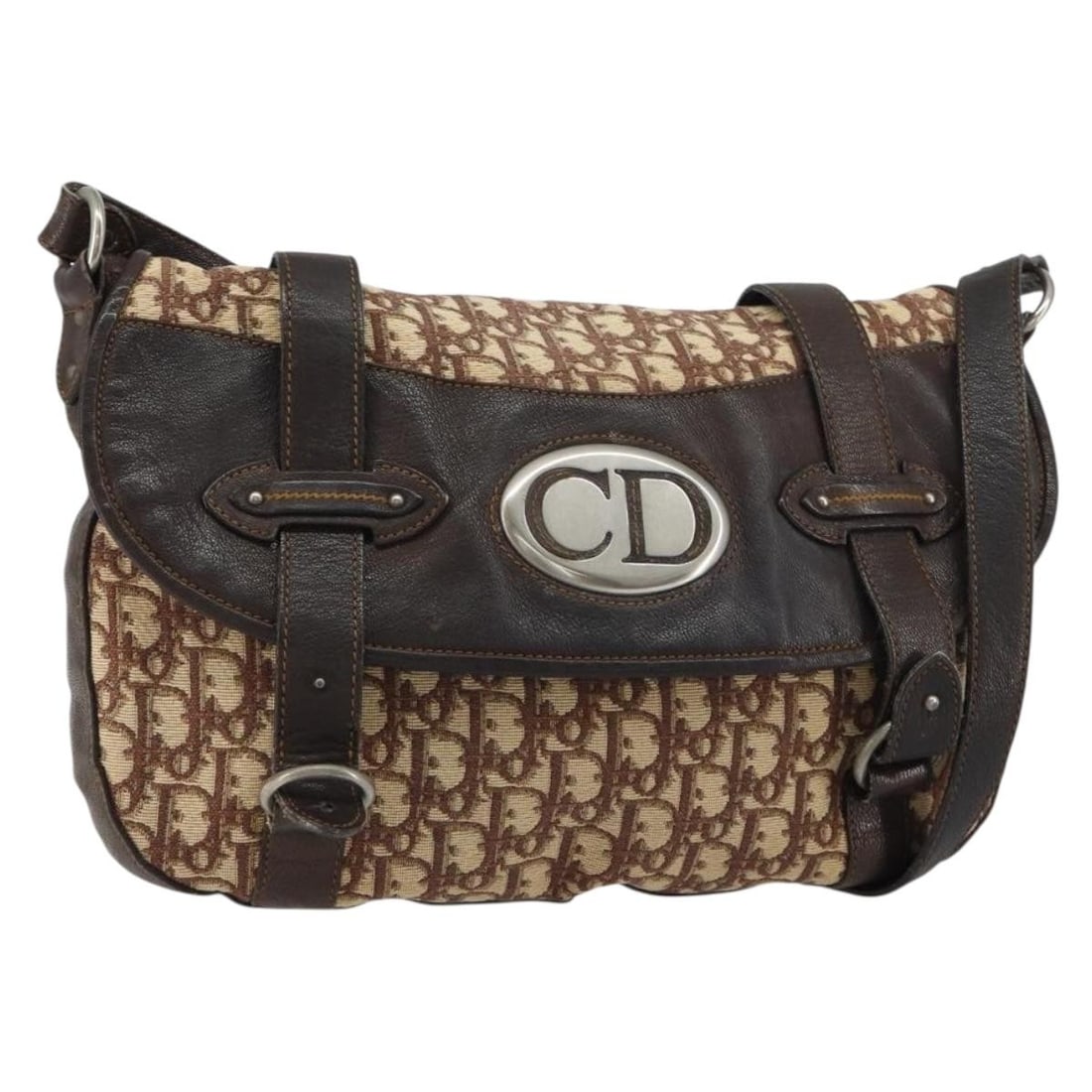 Brown Trotter Canvas Christian Dior Shoulder Bag Silver Tone Details: Brown Trotter Canvas Christian Dior Shoulder Bag Silver Tone Details This is a Christian Dior Trotter Canvas shoulder bag in brown and silver. The bag is crafted from signature Trotter canvas and was
