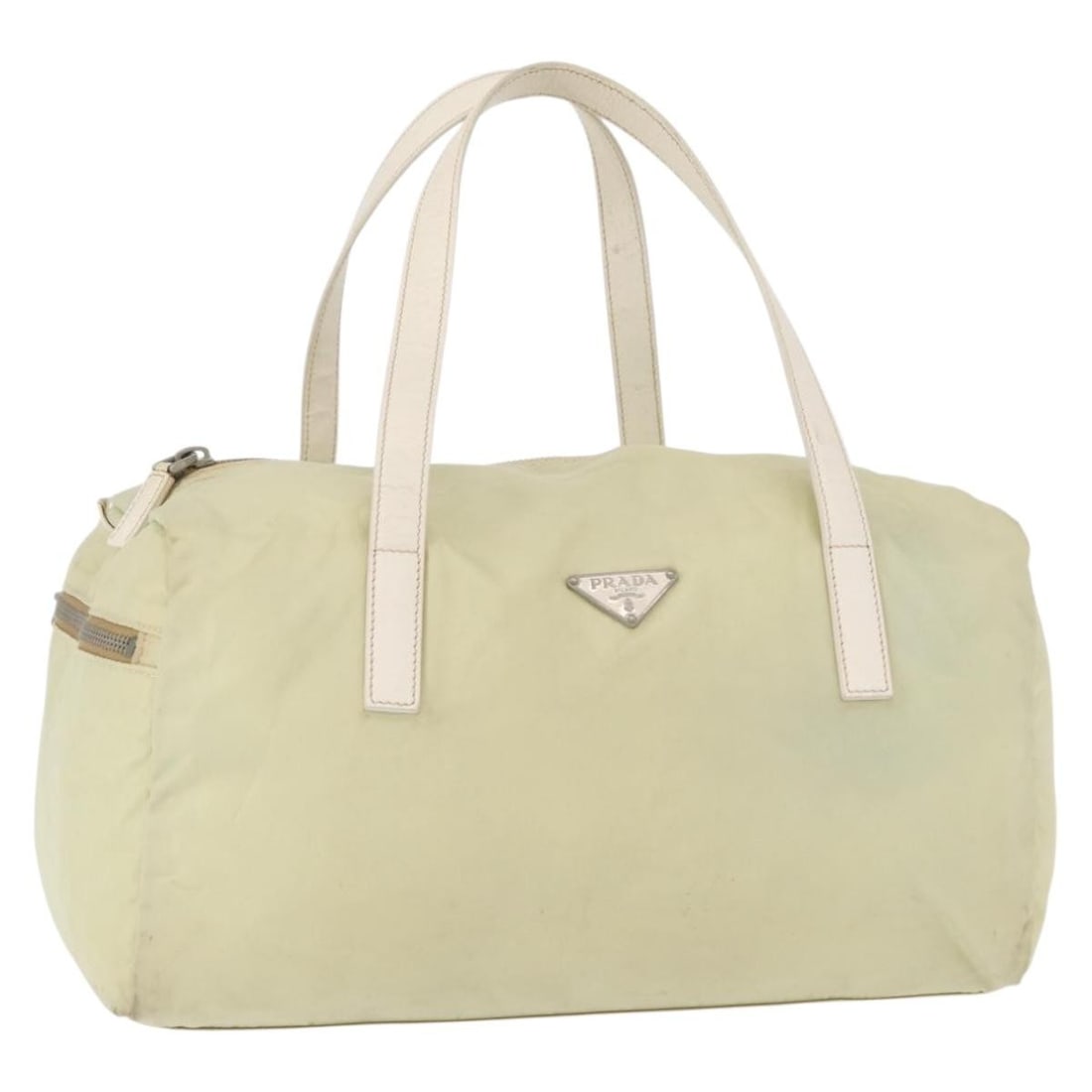 Ivory Silver Prada Nylon Handbag Made in Italy: Ivory Silver Prada Nylon Handbag Made in Italy This Prada handbag features an ivory and silver color scheme with a nylon exterior. The bag is made in Italy and includes a handle with a drop of approxi