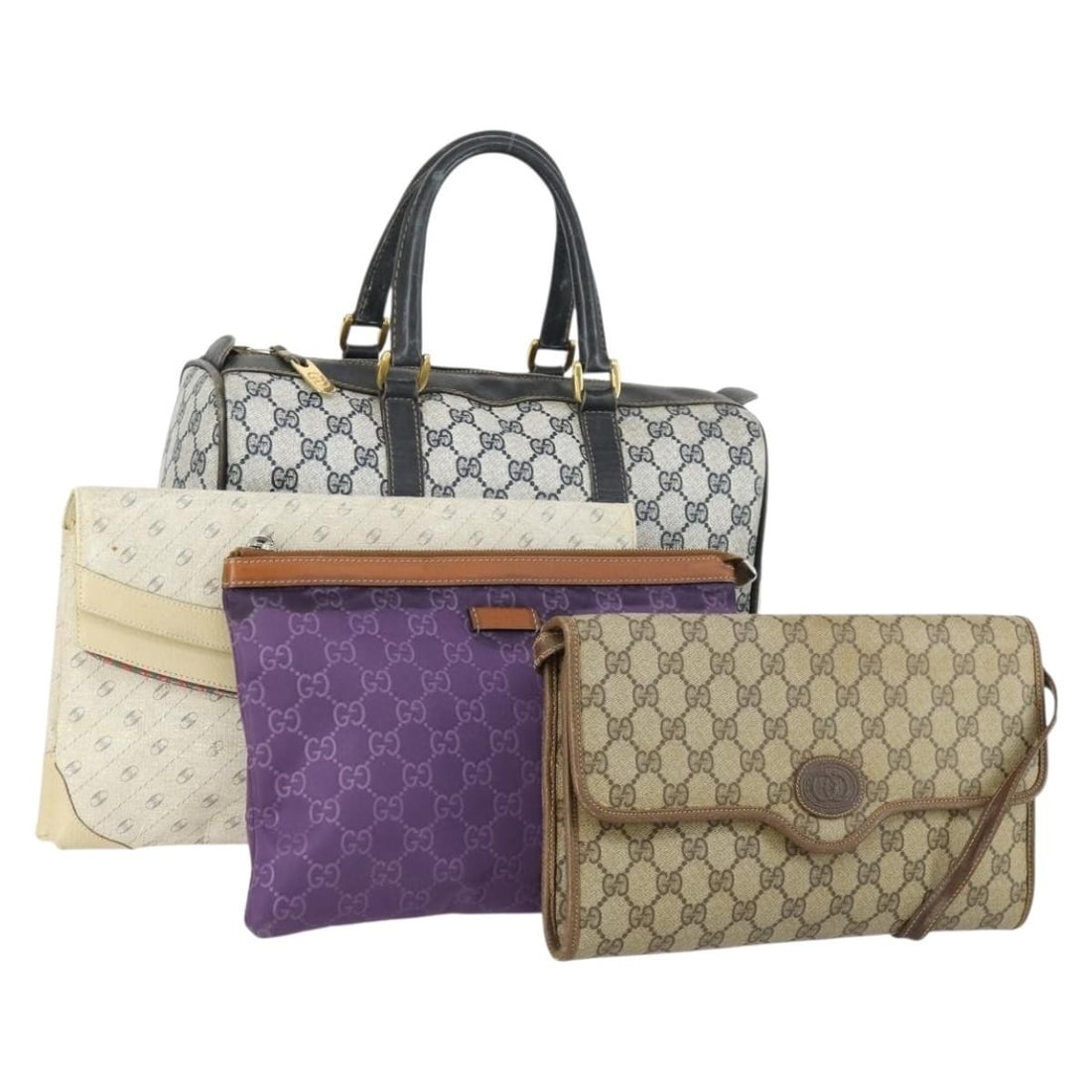 Set of 4 Gucci GG Supreme Web Clutch Bags Beige Navy PVC Leather: Set of 4 Gucci GG Supreme Web Clutch Bags Beige Navy PVC Leather This is a set of four authentic Gucci GG Supreme Web Sherry Line clutch bags crafted from PVC leather and GG canvas in beige, navy, and