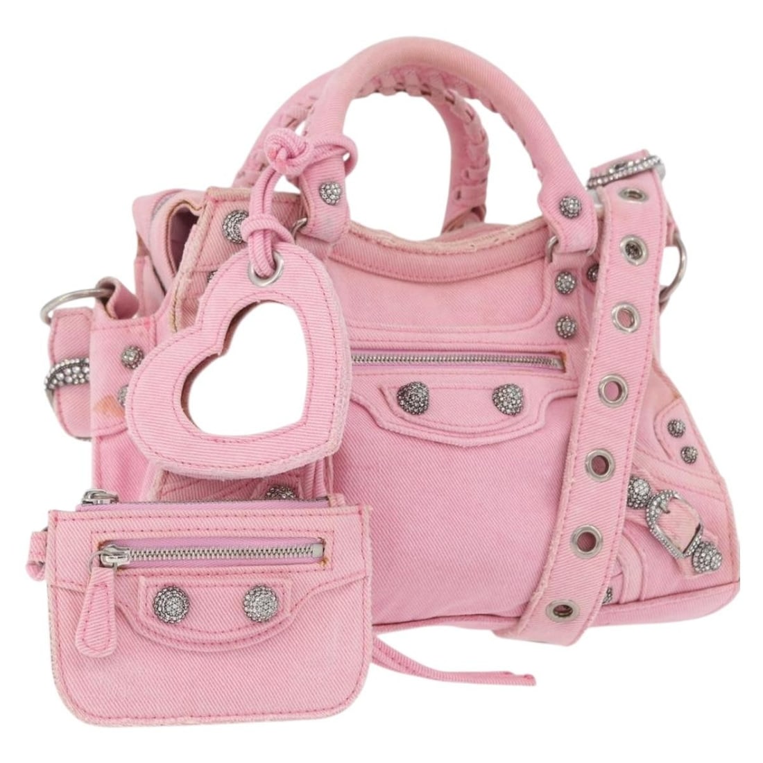 Balenciaga Neo Kagol Pink Canvas 2way Handbag with Shoulder Strap and Accessories: Balenciaga Neo Kagol Pink Canvas 2way Handbag with Shoulder Strap and Accessories This Balenciaga Neo Kagol hand bag features a 2-way design crafted from pink and silver canvas. Made in Italy and desi
