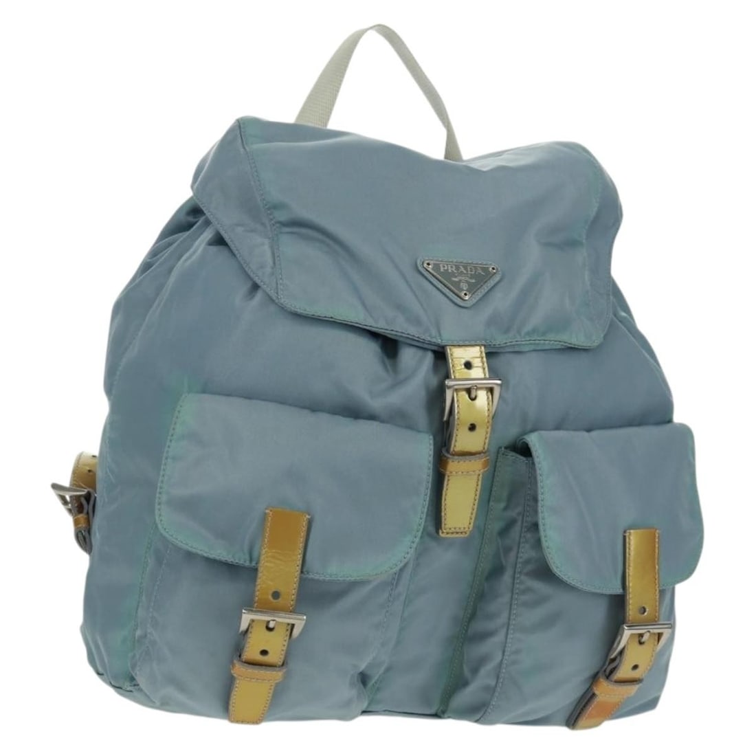 Prada Light Blue Nylon Backpack with Silver Details Made in Italy: Prada Light Blue Nylon Backpack with Silver Details Made in Italy This Prada backpack features a light blue nylon exterior with silver-tone accents. Made in Italy, it is designed with a practical and