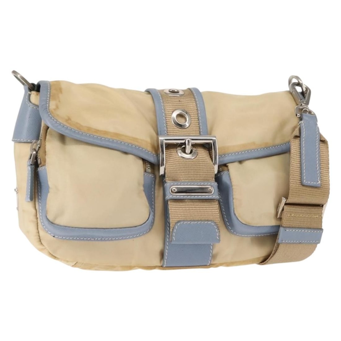 PRADA Beige Silver Nylon Shoulder Bag Auth 146015 Italy: PRADA Beige Silver Nylon Shoulder Bag Auth 146015 Italy This authentic PRADA shoulder bag combines practicality with elegance, featuring a stylish beige and silver nylon exterior. With a compact desig