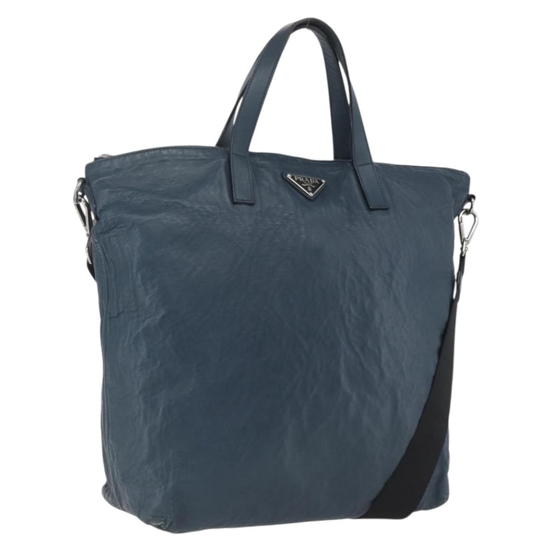 Navy Leather PRADA Tote with Silver Accents Made in Italy (1 of 18)