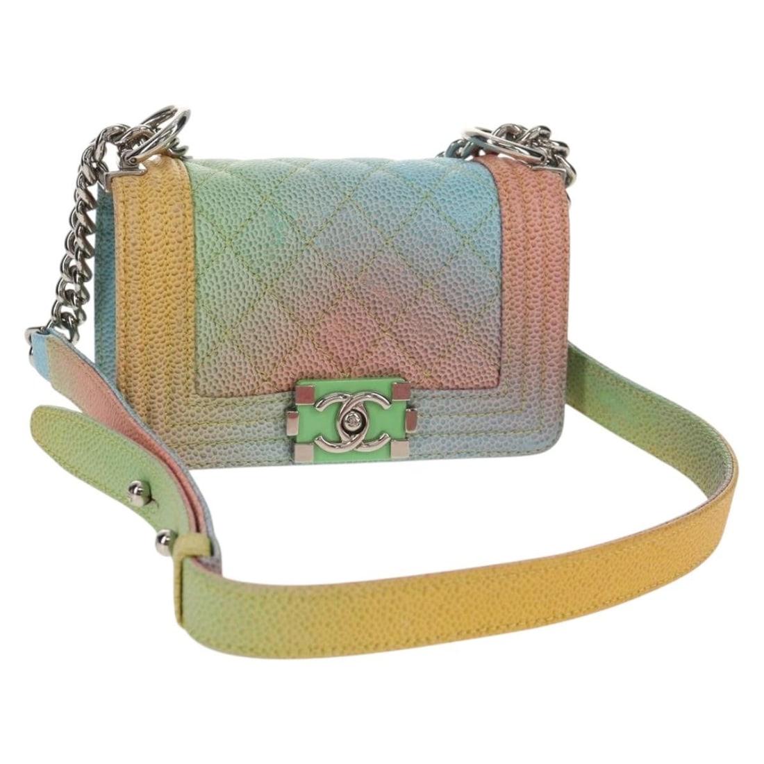 CHANEL Boy Shoulder Bag Silver Rainbow Caviar Skin Italy: CHANEL Boy Shoulder Bag Silver Rainbow Caviar Skin Italy Elevate your style with the CHANEL Chain Boy Shoulder Bag, crafted from luxurious grained Caviar Skin in an eye-catching Silver and Rainbow col