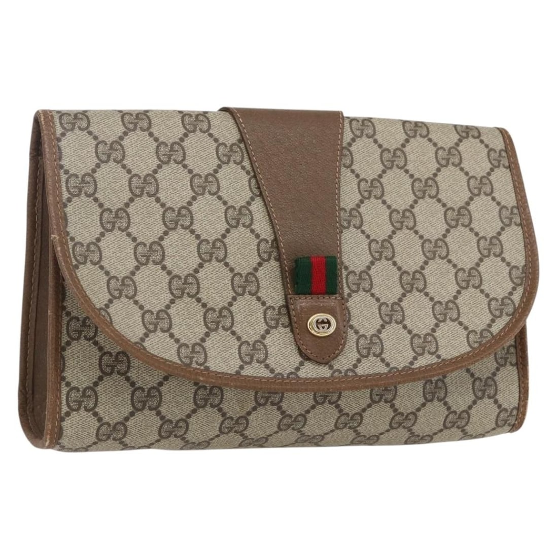Gucci Sherry Line GG Supreme Canvas Clutch Bag Beige Gold PVC 89 01 030: Gucci Sherry Line GG Supreme Canvas Clutch Bag Beige Gold PVC 89 01 030 This Gucci GG Supreme Web Sherry Line clutch bag features a beige and gold color scheme crafted from PVC leather and GG canvas.
