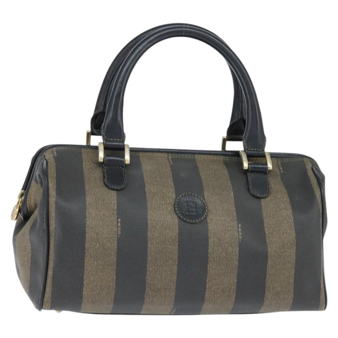 FENDI Pecan Canvas Boston Bag PVC Black Brown Gold Italy Auth 151068 (1 of 18)