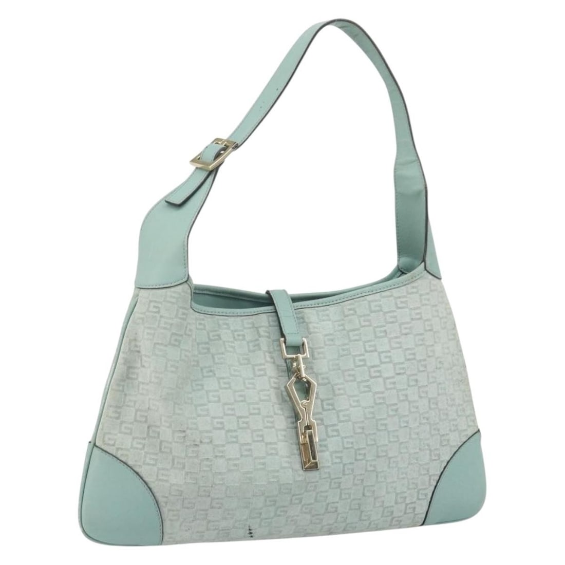 Gucci Light Blue Suede Shoulder Bag with Gold Accents 001 4057: Gucci Light Blue Suede Shoulder Bag with Gold Accents 001 4057 This GUCCI shoulder bag features a light blue suede exterior with gold accents. Designed for women, it offers a classic shoulder bag silh