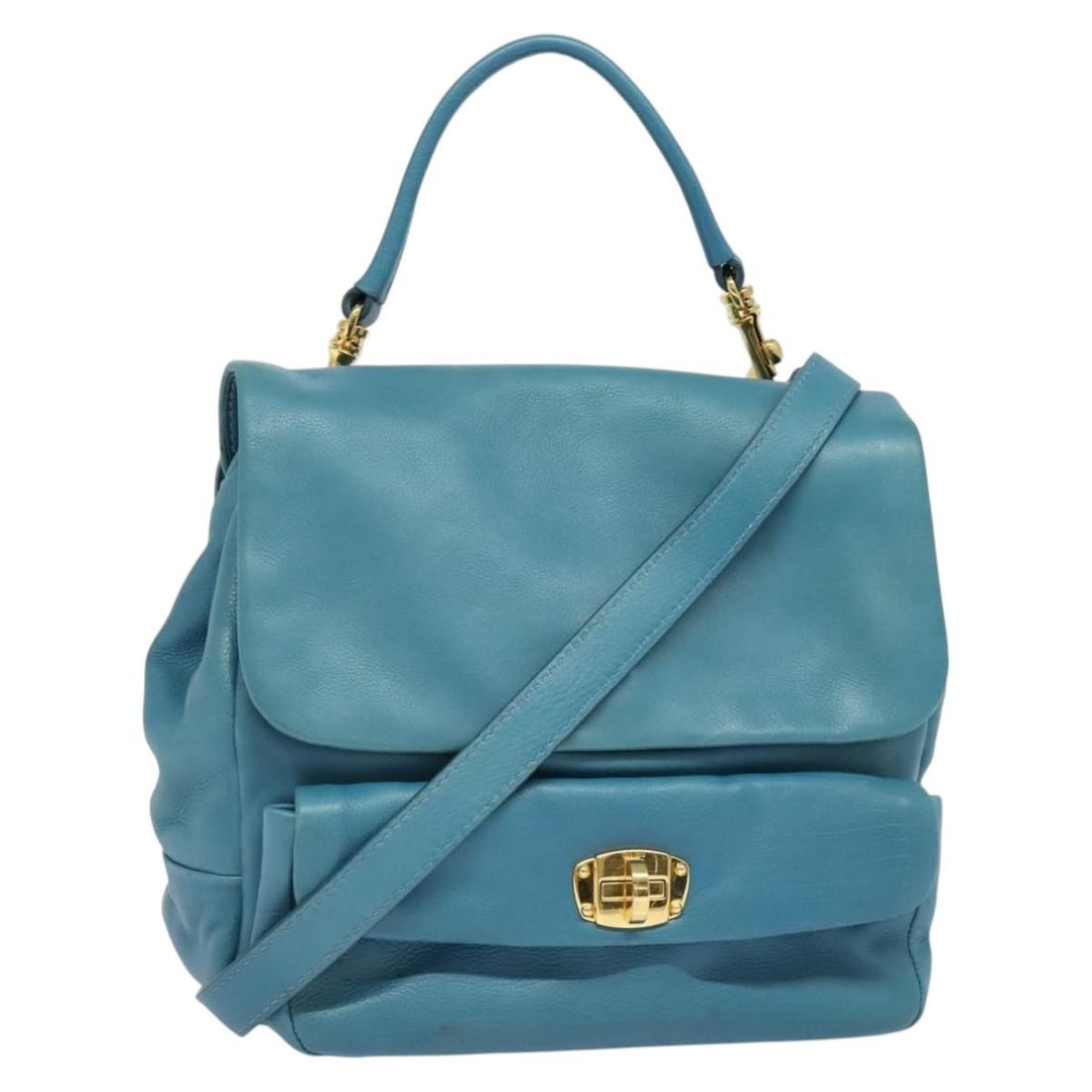 Miu Miu Blue Gold Leather Handbag 2way Auth 140336: Miu Miu Blue Gold Leather Handbag 2way Auth 140336 This Miu Miu hand bag is a stylish accessory crafted from high-quality leather, featuring a captivating blue and gold color combination. It is design
