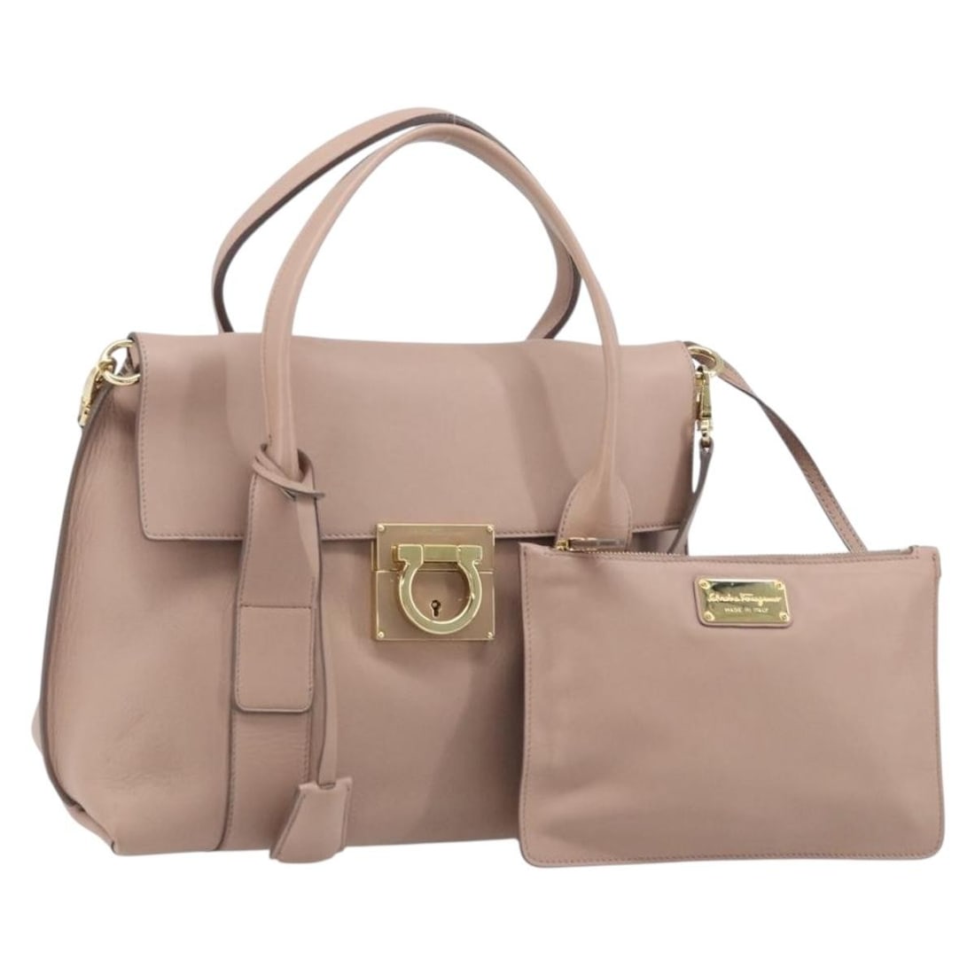 Salvatore Ferragamo Gancini Beige Leather Shoulder and Handbag with Accessories: Salvatore Ferragamo Gancini Beige Leather Shoulder and Handbag with Accessories This Salvatore Ferragamo Gancini handbag is crafted from beige leather and features a versatile 2-way design for hand or