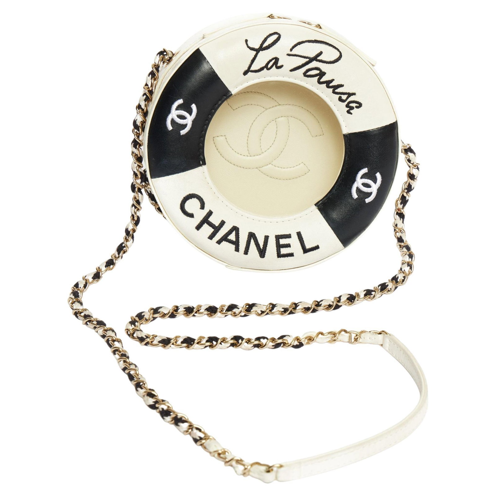 Chanel La Pausa Limited Edition Bag 2019 Black White CC Logo: Chanel La Pausa Limited Edition Bag 2019 Black White CC Logo Presenting the Chanel Limited Edition La Pausa Bag, a striking accessory from the 2019 collection. This unique bag features a lifebuoy-insp