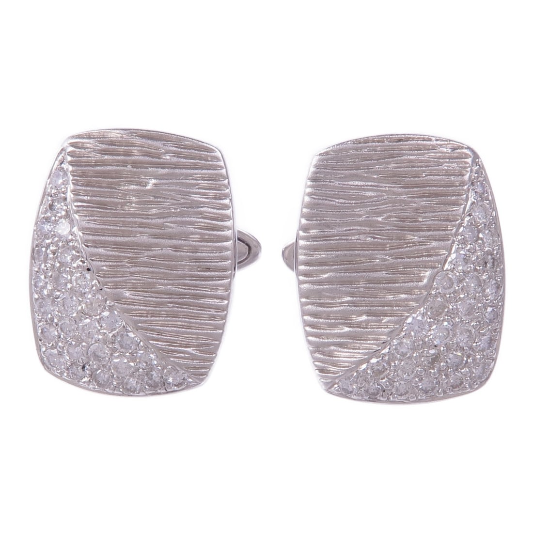 JEWELRY Diamond Cufflinks in 18K White Gold: JEWELRY Diamond Cufflinks in 18K White Gold These exquisite cufflinks are crafted from 18K white gold, showcasing a stunning clear diamond as the main stone. The design is both elegant and sophisticat