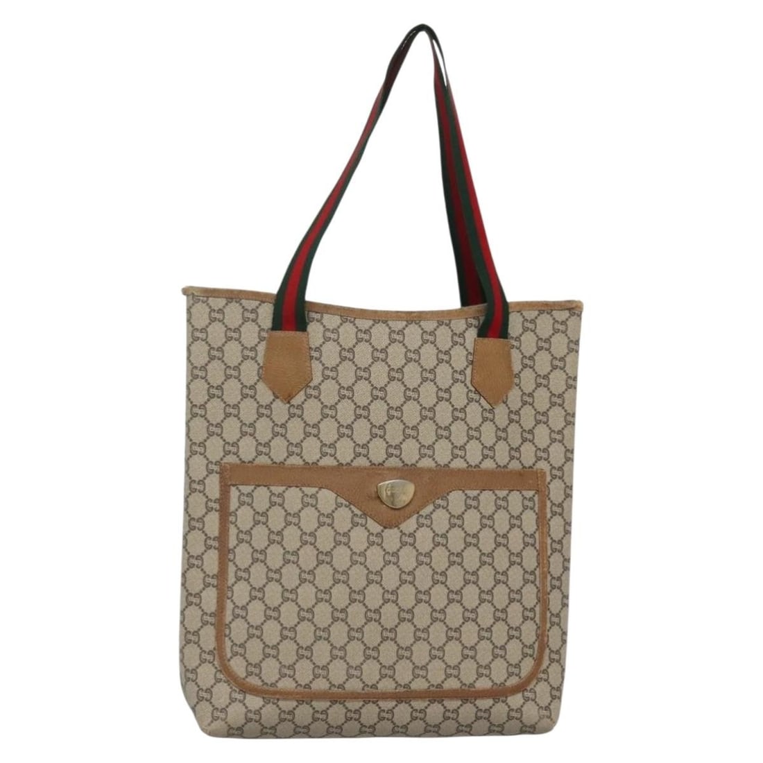GUCCI GG Plus Tote Bag Beige Gold PVC Leather Made in Italy: GUCCI GG Plus Tote Bag Beige Gold PVC Leather Made in Italy This authentic GUCCI GG Plus Supreme Web Sherry Line Tote Bag is a stunning blend of style and practicality. Crafted in Italy, this tote fea