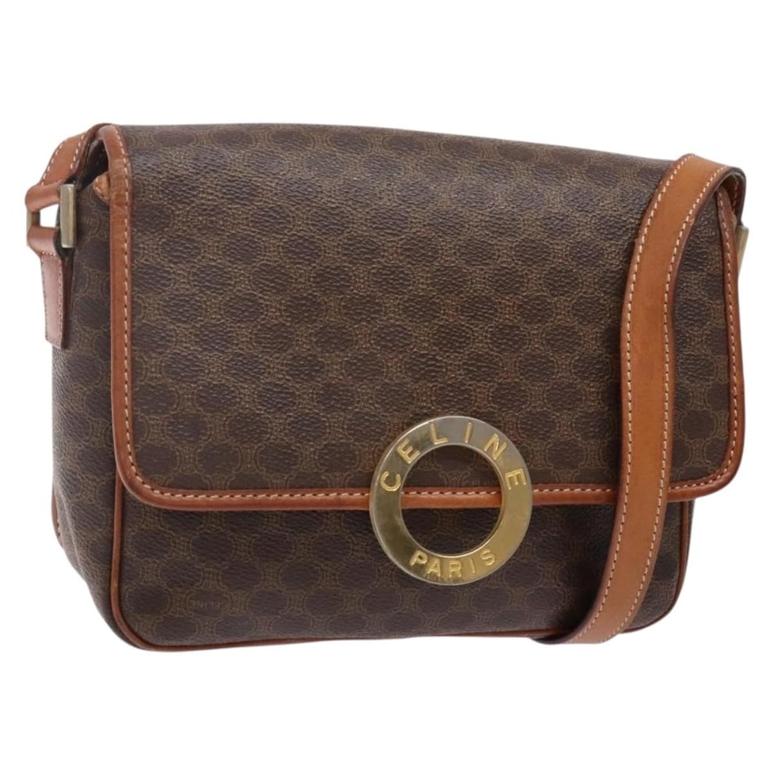 CELINE Macadam Canvas Circle Shoulder Bag Brown Gold PVC Leather Auth Italy: CELINE Macadam Canvas Circle Shoulder Bag Brown Gold PVC Leather Auth Italy This CELINE Macadam Canvas Circle Shoulder Bag is a stylish accessory crafted in Italy, showcasing a luxurious combination o