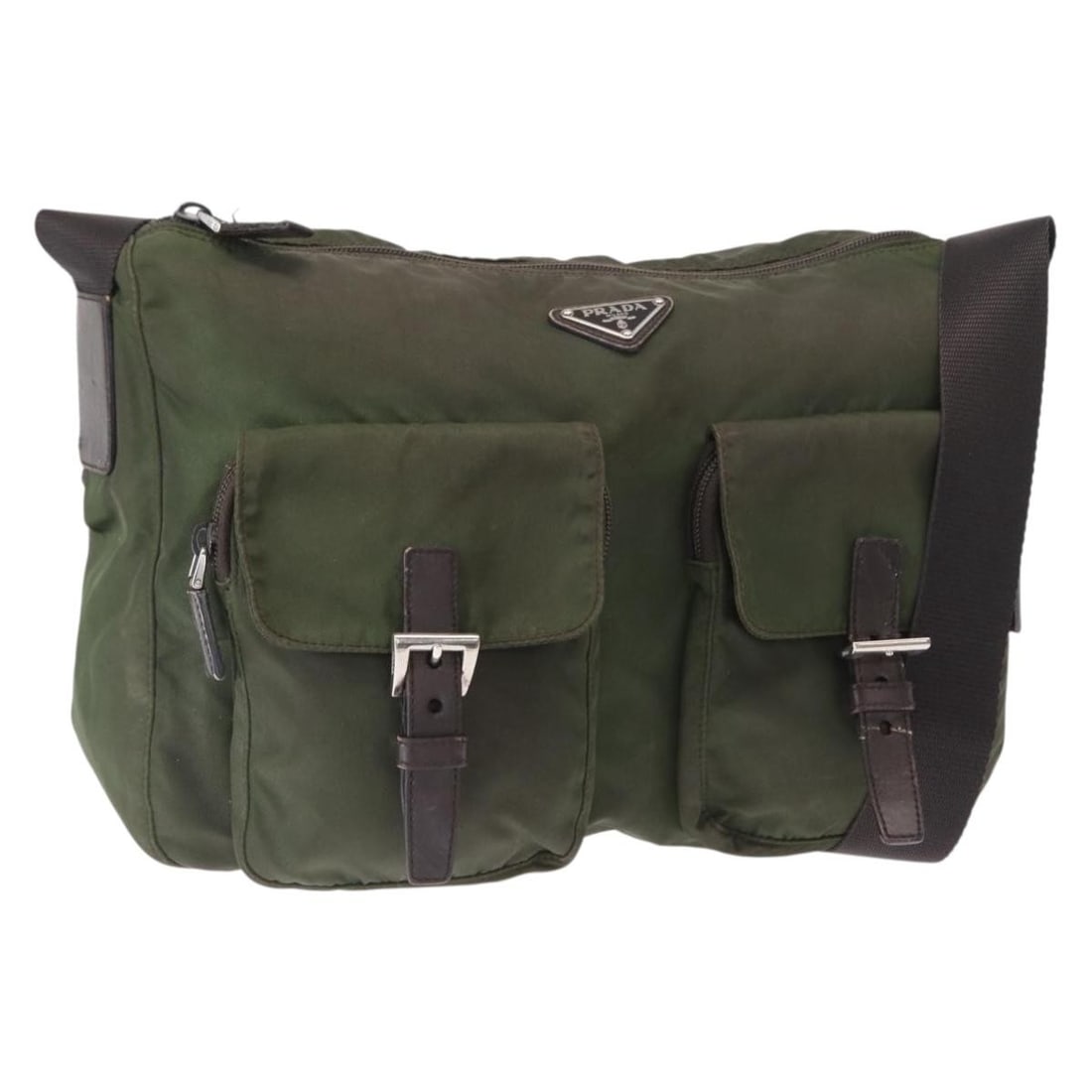 Prada Khaki Nylon Italian Shoulder Bag Silver Tone Hardware: Prada Khaki Nylon Italian Shoulder Bag Silver Tone Hardware This PRADA shoulder bag is crafted from khaki nylon with silver-tone accents. Made in Italy, the bag features a spacious interior, adjustabl