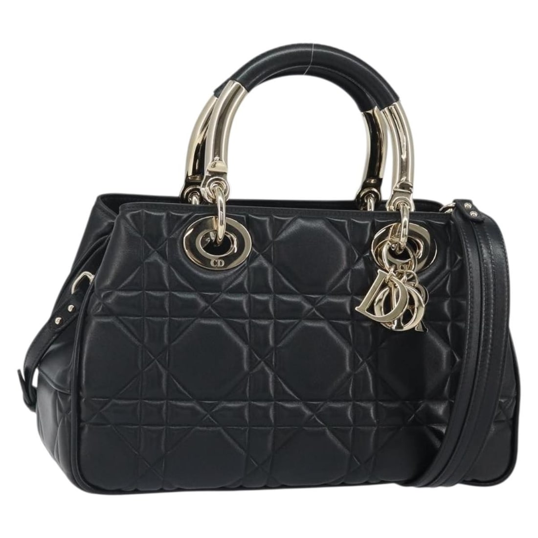Black Leather Lady Dior Handbag with Gold Hardware and Shoulder Strap (1 of 18)