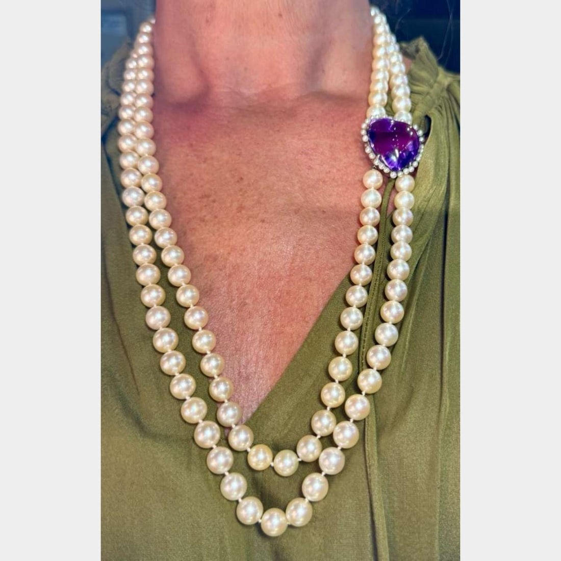 Cultured Pearl and Heart Amethyst Necklace in 14K White Gold 26 Inch (1 of 2)