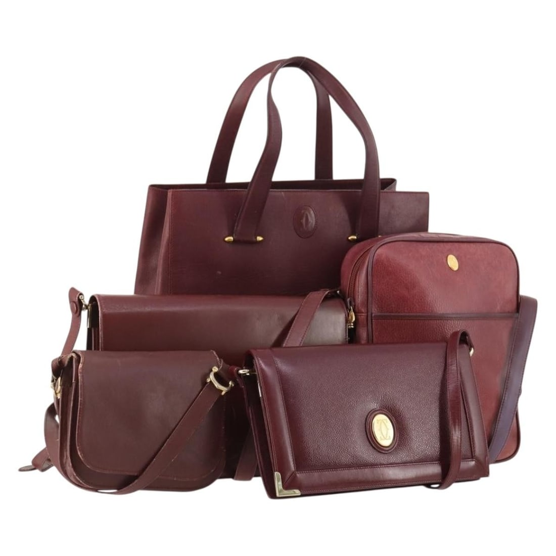 Set of 5 Cartier Bordeaux Leather Shoulder Bags Gold Tone Women's France (1 of 18)