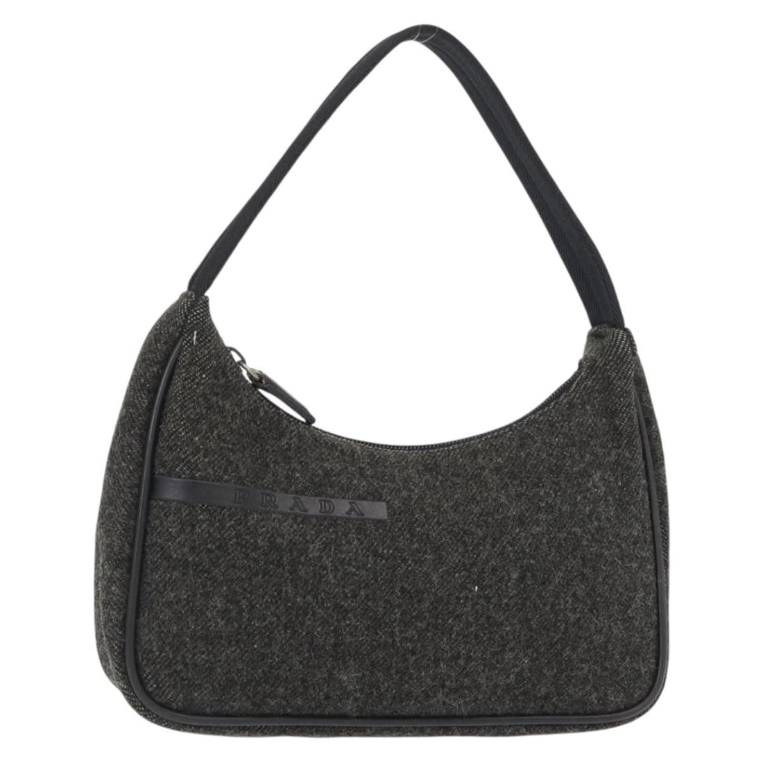 Gray Wool Prada Sport Handbag with Silver Accents Made in Italy: Gray Wool Prada Sport Handbag with Silver Accents Made in Italy This PRADA sports handbag features a gray and silver wool exterior and is crafted in Italy. The bag has a compact design with a structur