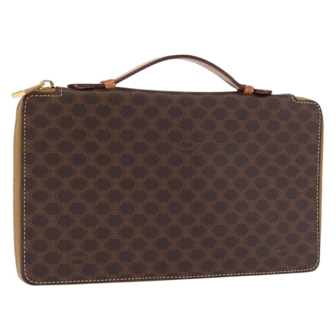 CELINE Macadam Brown Gold PVC Leather Travel Case Italy: CELINE Macadam Brown Gold PVC Leather Travel Case Italy This CELINE Macadam Canvas Travel Case is a stylish and practical accessory crafted from durable PVC leather in a rich brown and gold color sche