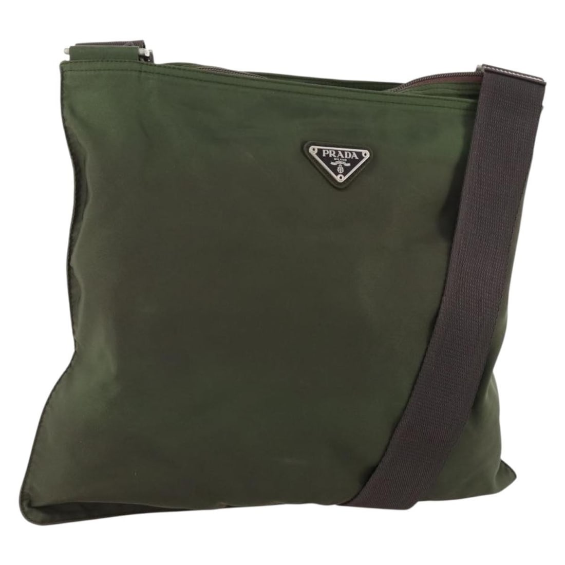 Green Nylon PRADA Women's Shoulder Bag with Adjustable Strap: Green Nylon PRADA Women's Shoulder Bag with Adjustable Strap This PRADA shoulder bag is crafted from green and silver nylon, offering a modern and practical design. Made in Italy, it features an adjus