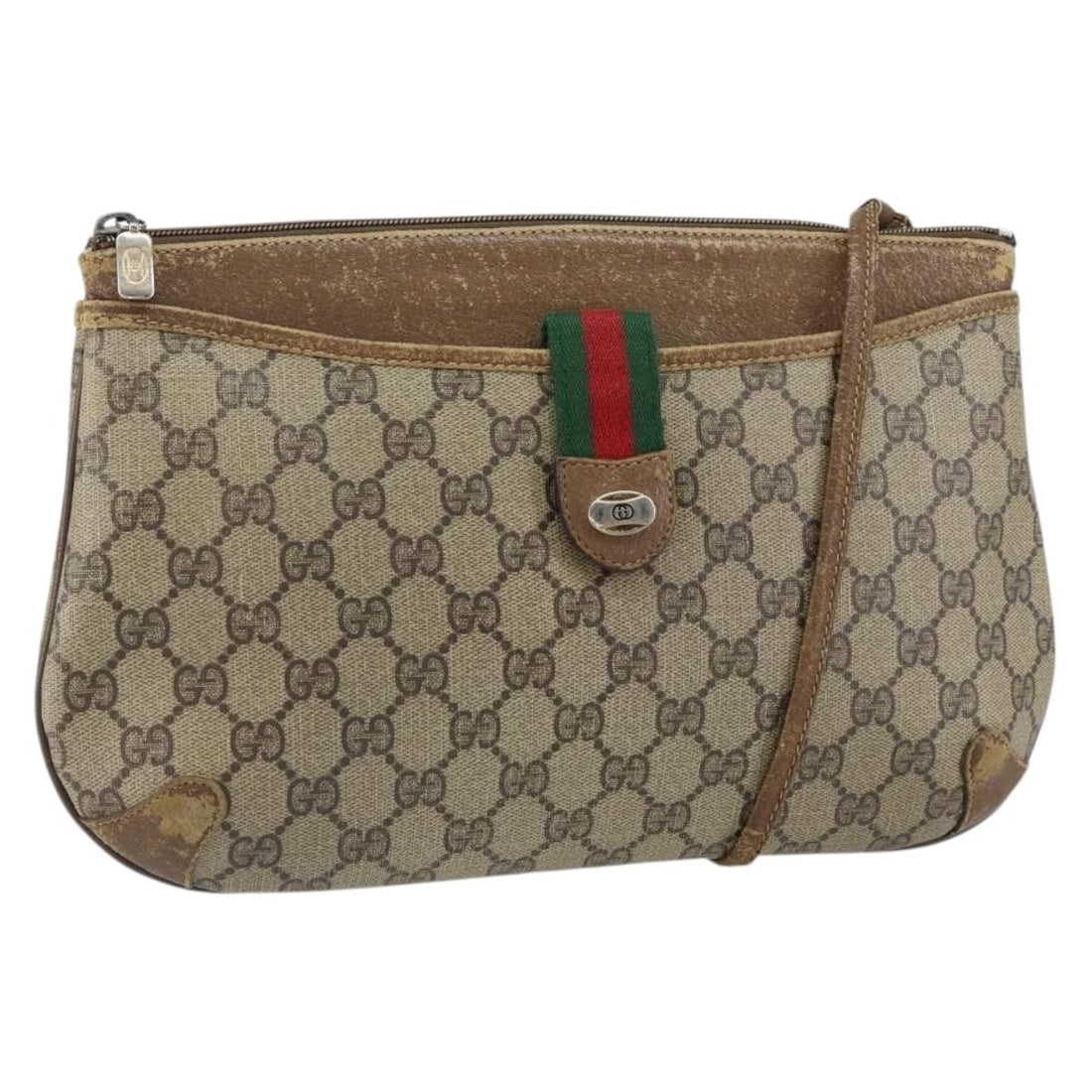 GUCCI GG Supreme Sherry Line Shoulder Bag PVC Beige Gold Red 904 02 026 Auth: GUCCI GG Supreme Sherry Line Shoulder Bag PVC Beige Gold Red 904 02 026 Auth This GUCCI GG Supreme Web Sherry Line Shoulder Bag is a stunning blend of style and practicality, crafted from durable PVC 