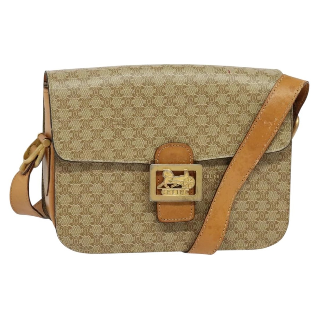 Celine Macadam Canvas Beige Horse Carriage Shoulder Bag Gold PVC Leather Italy: Celine Macadam Canvas Beige Horse Carriage Shoulder Bag Gold PVC Leather Italy This CELINE Macadam Canvas Horse Carriage shoulder bag features a beige and gold color scheme with PVC leather and signat