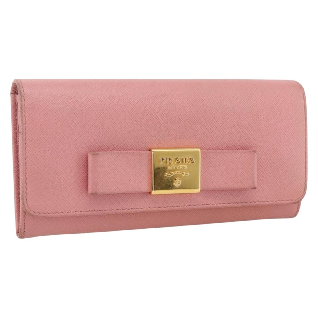 Prada Saffiano Leather Pink Gold Long Wallet with Name Tag: Prada Saffiano Leather Pink Gold Long Wallet with Name Tag This PRADA long wallet is crafted from Saffiano leather and features a pink and gold color scheme. Designed for women, it offers a spacious i