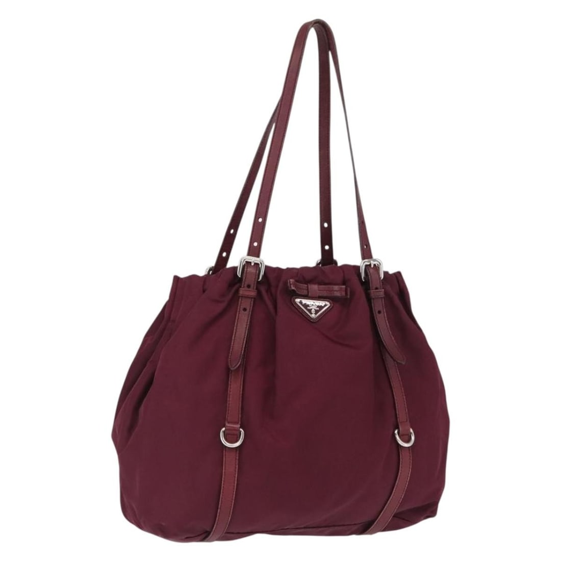 Prada Bordeaux Nylon Tote with Gold Tone Details Made in Italy: Prada Bordeaux Nylon Tote with Gold Tone Details Made in Italy This is a PRADA tote bag crafted from nylon in a bordeaux and gold color scheme. The bag features dual handles with an adjustable drop an