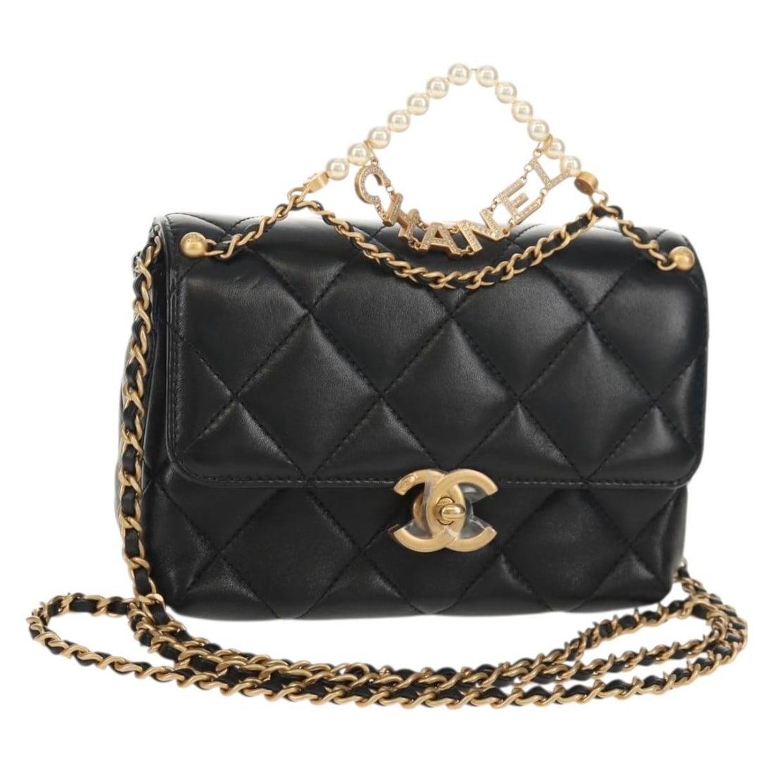 CHANEL Black Gold Matelasse Pearl Charm Shoulder Bag Lamb Skin Authentic: CHANEL Black Gold Matelasse Pearl Charm Shoulder Bag Lamb Skin Authentic This elegant CHANEL Matelasse Pearl Charm Chain Bag is crafted from luxurious lambskin in a sophisticated black and gold color