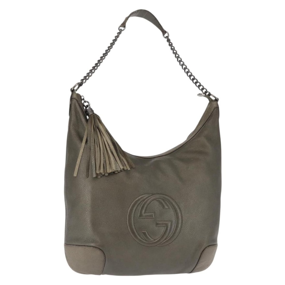 GUCCI Soho Chain Leather Shoulder Bag Gray 326706 Made in Italy: GUCCI Soho Chain Leather Shoulder Bag Gray 326706 Made in Italy Introducing the GUCCI Soho Chain Shoulder Bag, a luxurious accessory crafted from high-quality leather in a sophisticated gray hue. This