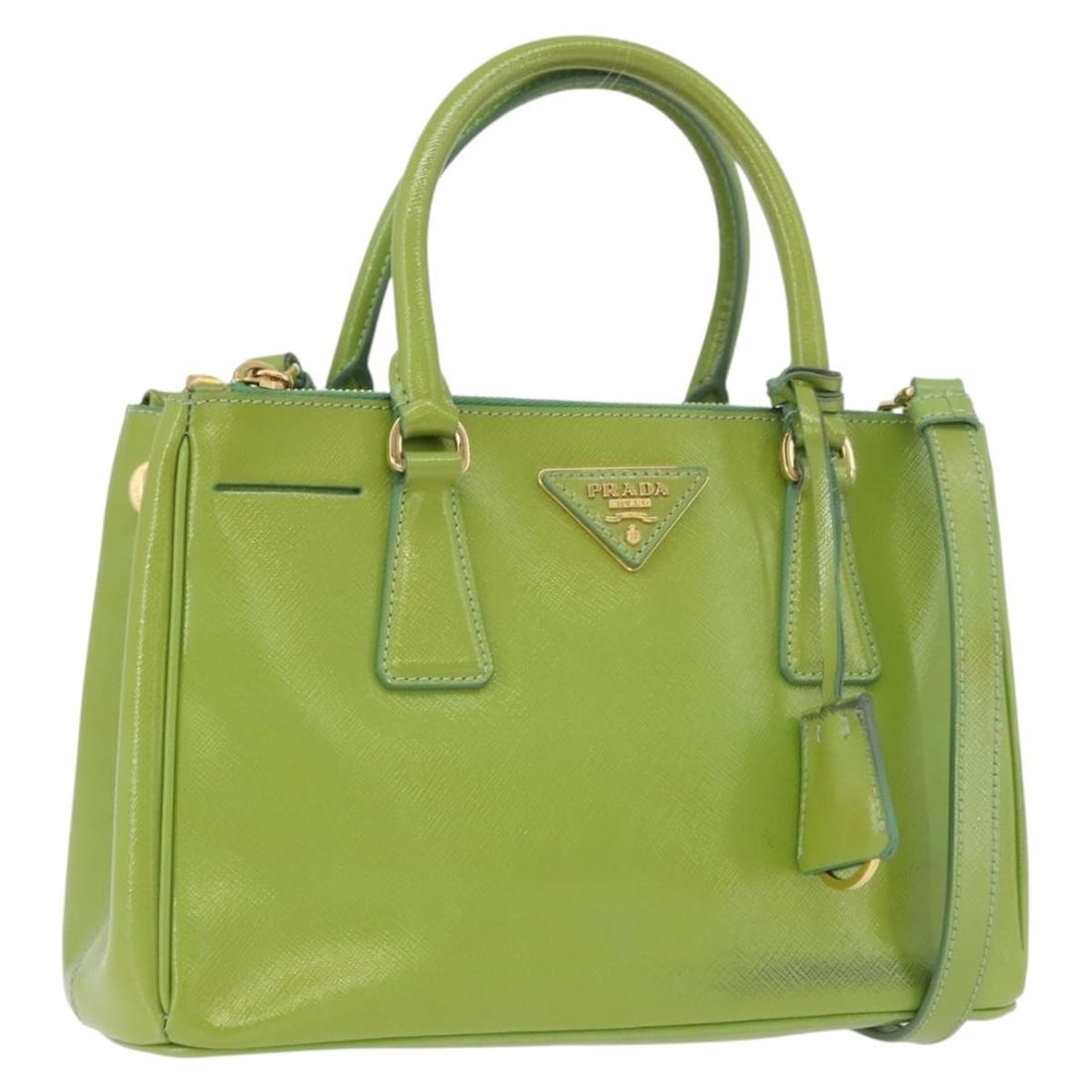 Prada Saffiano Leather Green Gold Two Way Handbag With Shoulder Strap: Prada Saffiano Leather Green Gold Two Way Handbag With Shoulder Strap This Prada handbag features green Saffiano leather with gold-tone accents and offers both top handle and shoulder strap carrying o